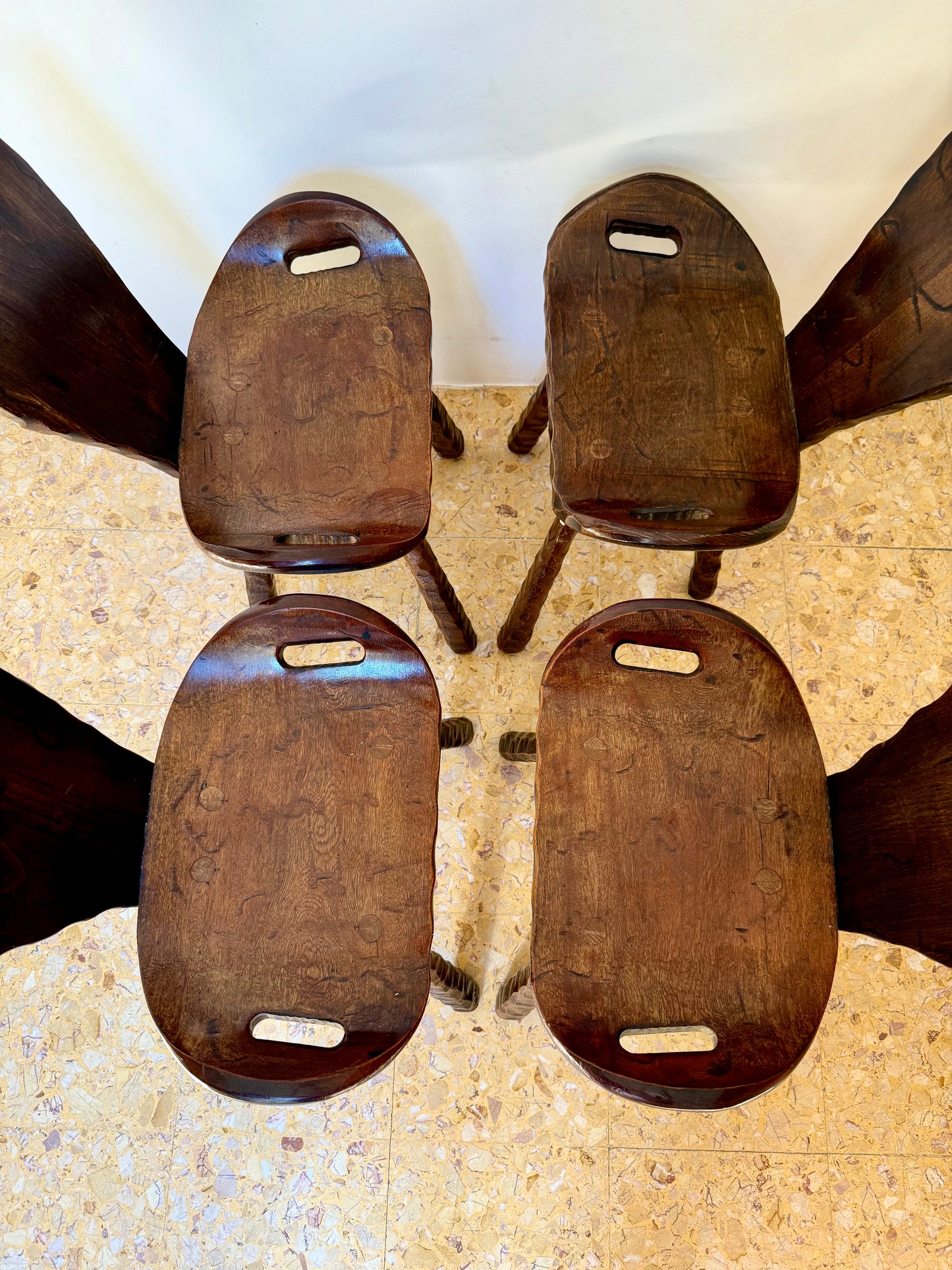Set Of Four Brutalist Elm Stools