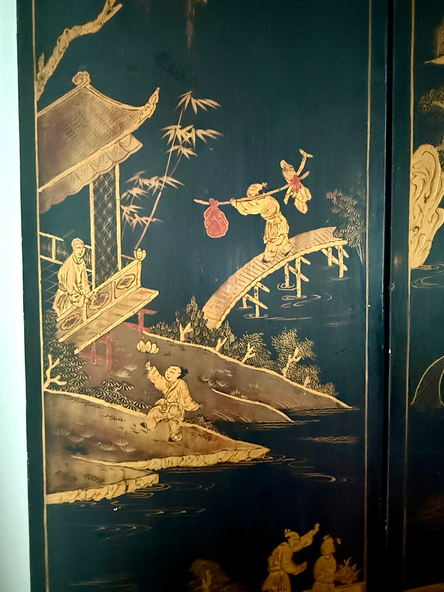 C19th Ebonised Two-Sided Chinoiserie Screen