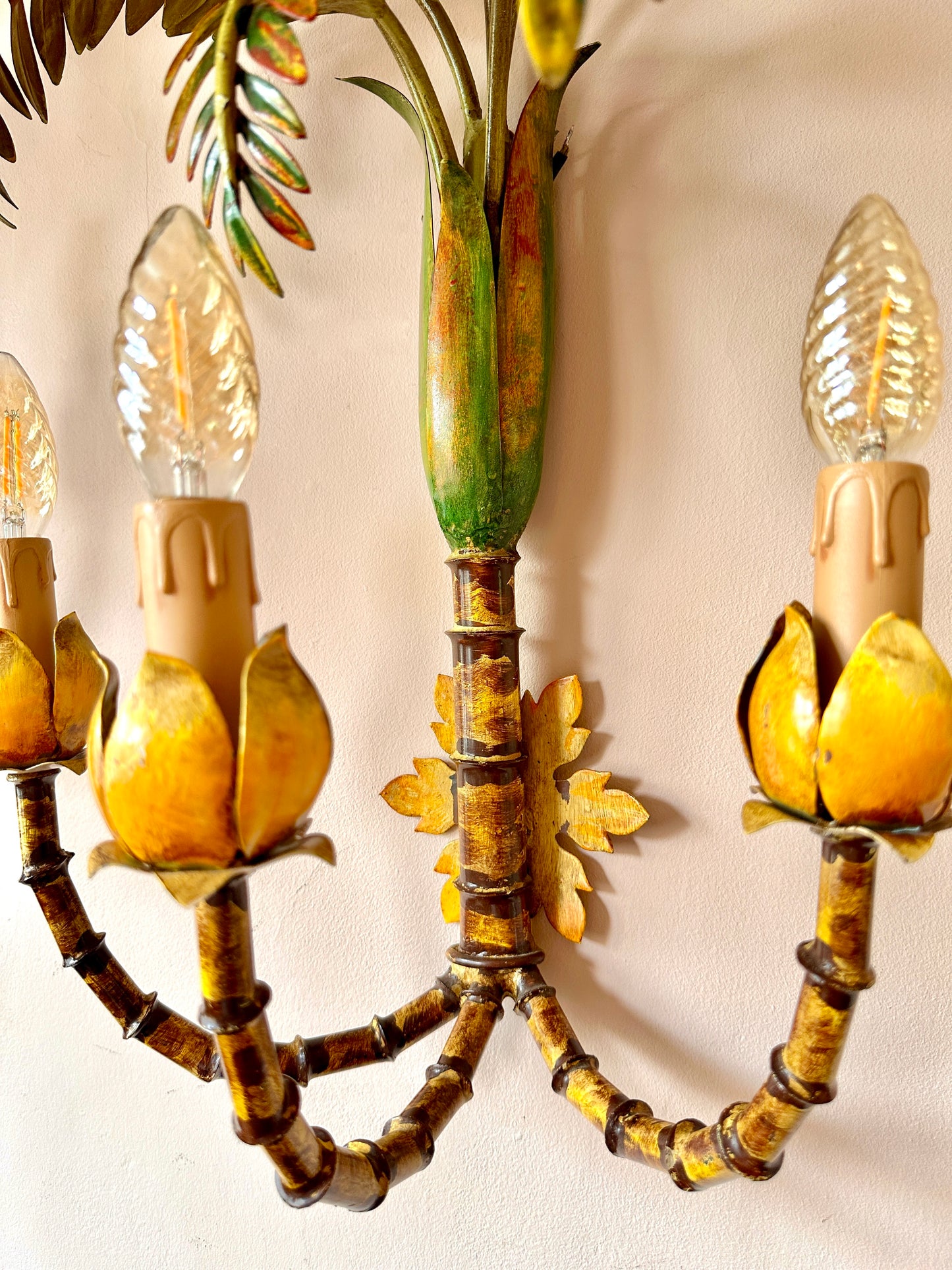 Pair Of Large 1940s French Bamboo Tole Lights