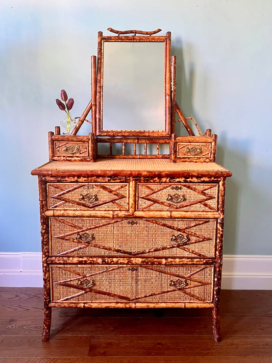 Large Victorian Tiger Bamboo And Woven Grass Chest Of Drawers & Mirror