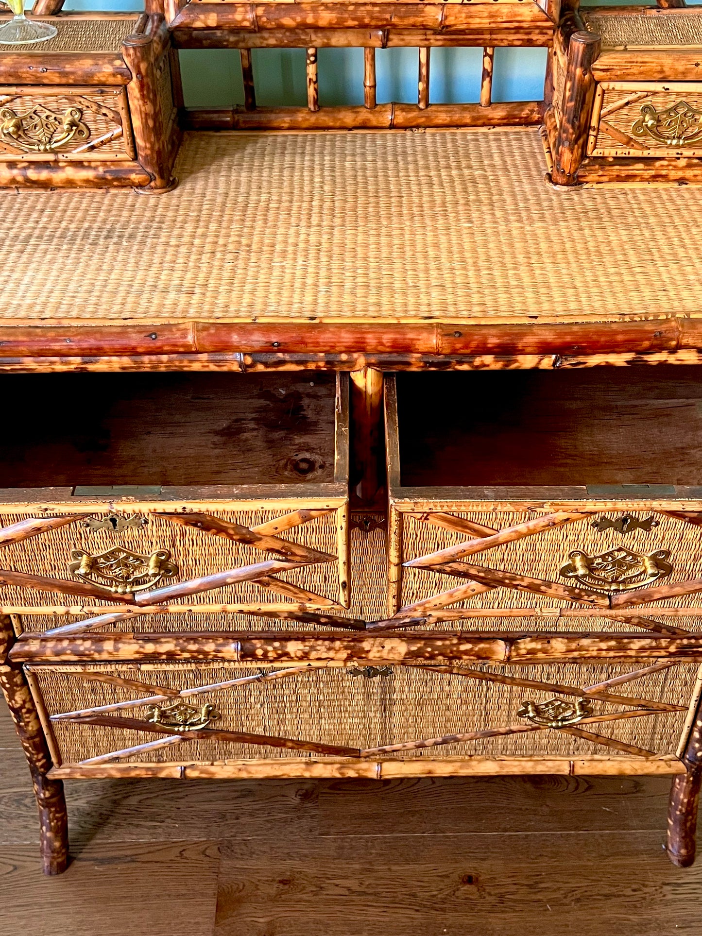 Large Victorian Tiger Bamboo And Woven Grass Chest Of Drawers & Mirror