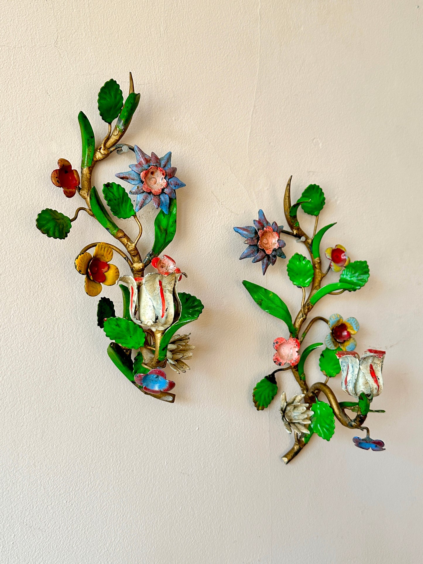 Pair of 1940s Italian Tole Flower Candle Sconces