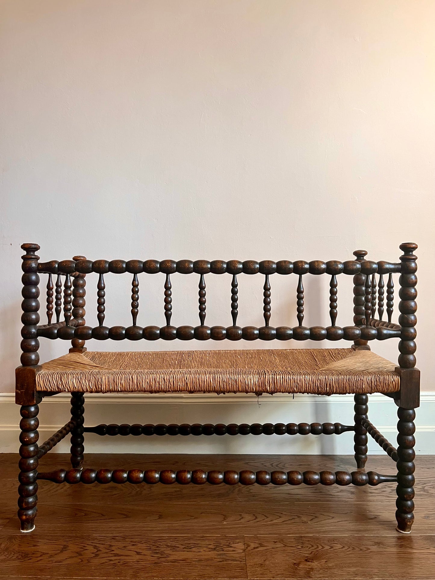 C19th French Bobbin Rush Seat Bench