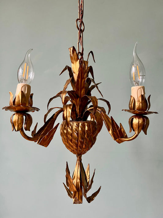 1940s French Gilt Pineapple Tole Chandelier