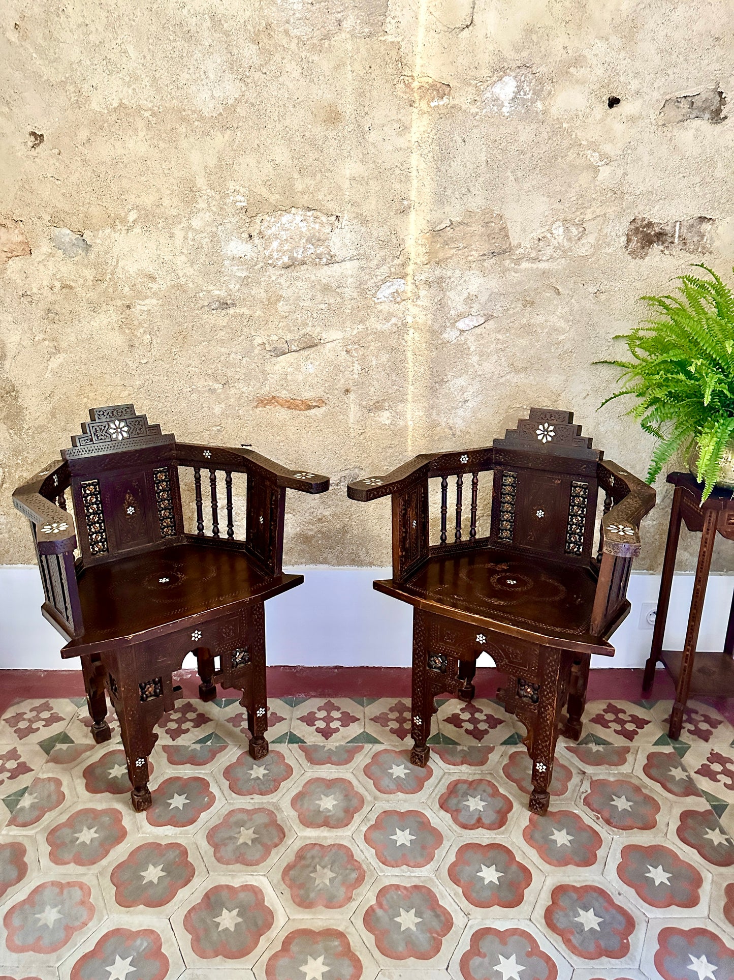 Pair Of Syrian Mother-Of-Pearl Inlaid Armchairs