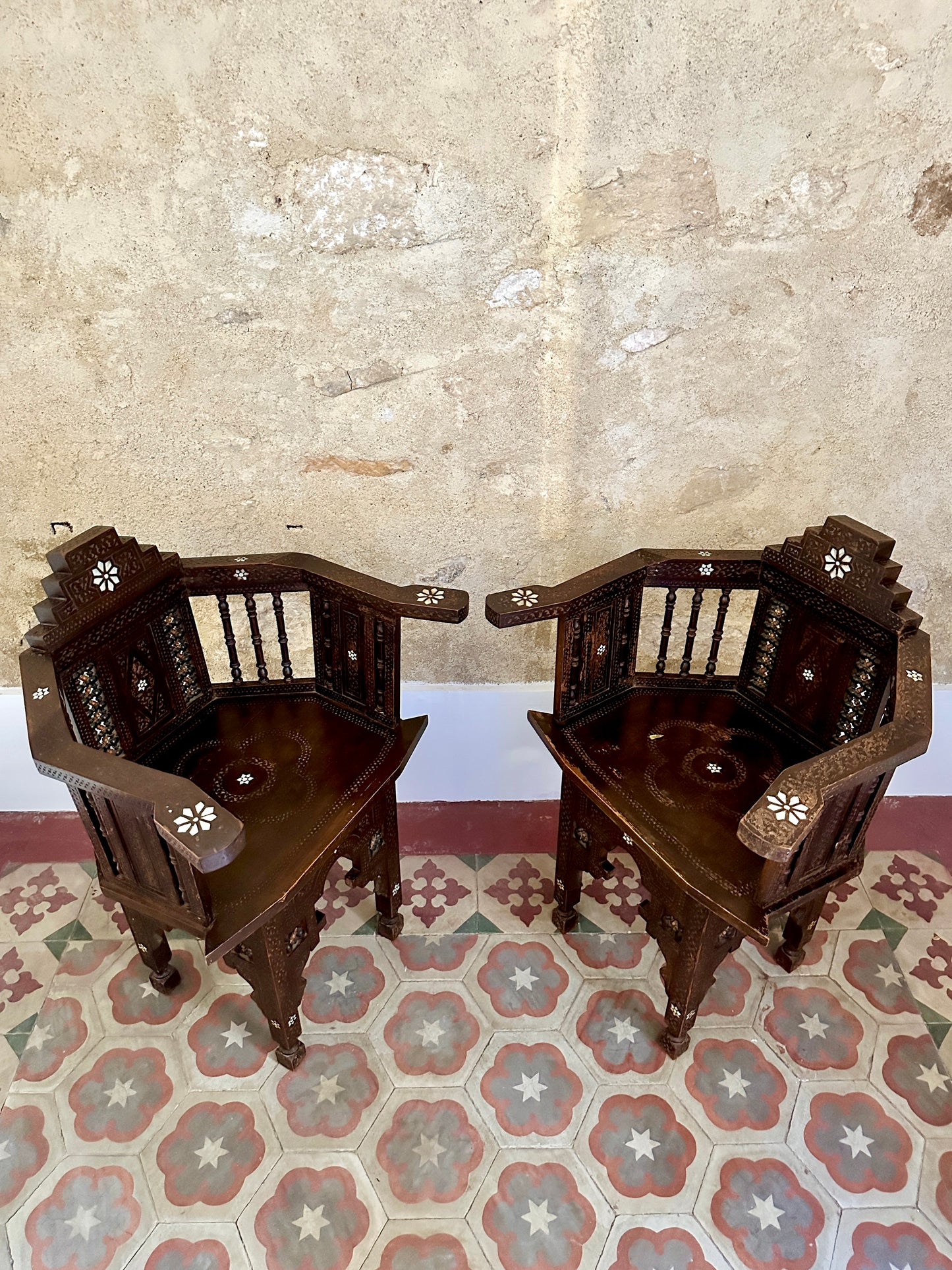 Pair Of Syrian Mother-Of-Pearl Inlaid Armchairs