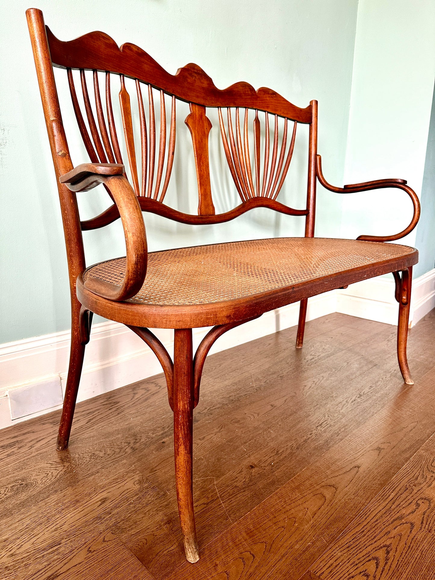 Art Nouveau Fischel Beech & Cane Bench