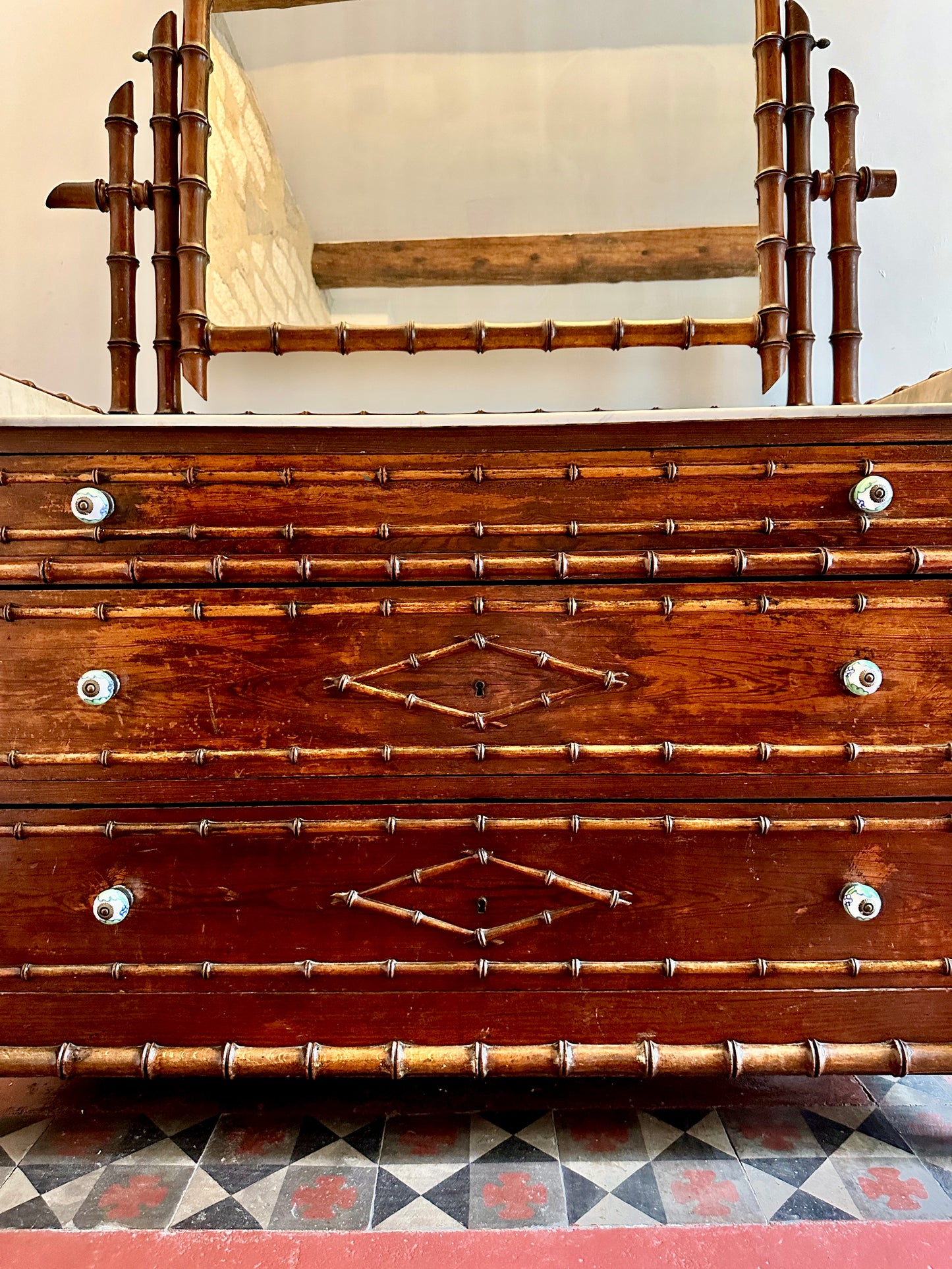 C19th French Faux Bamboo & Marble Dresser