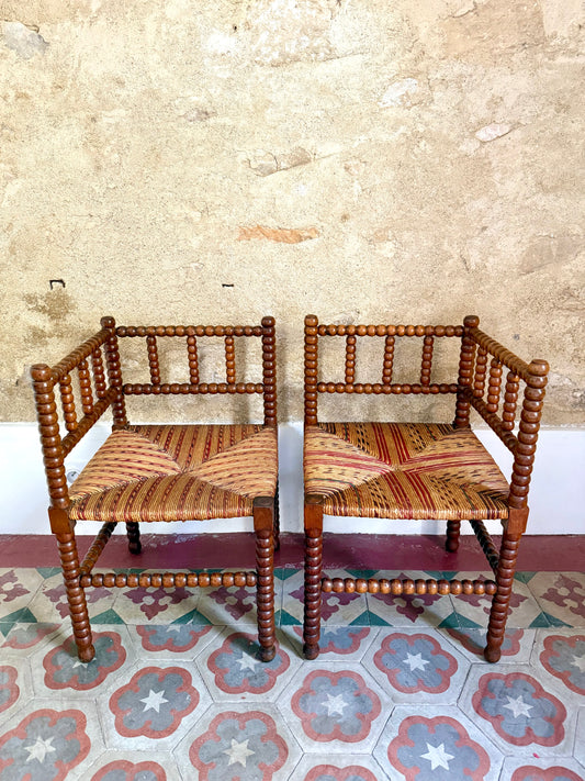 Pair Of Early C20th French Bobbin Corner Chairs