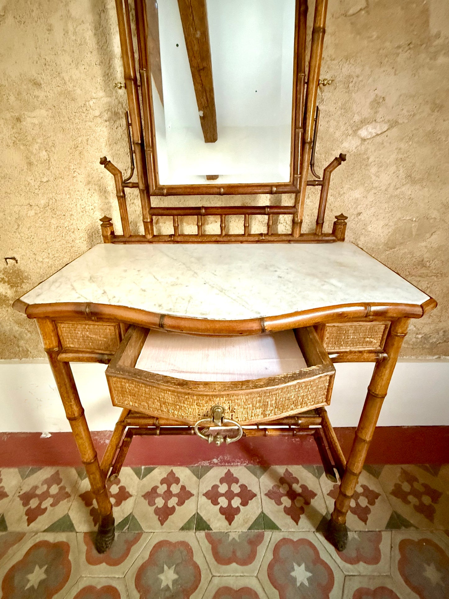 C19th French Bamboo & Marble Washstand