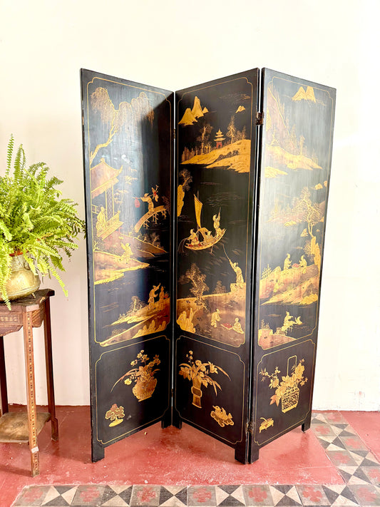 C19th Ebonised Two-Sided Chinoiserie Screen
