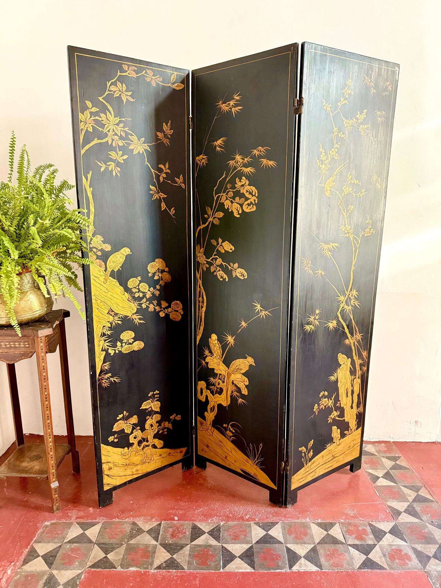 C19th Ebonised Two-Sided Chinoiserie Screen