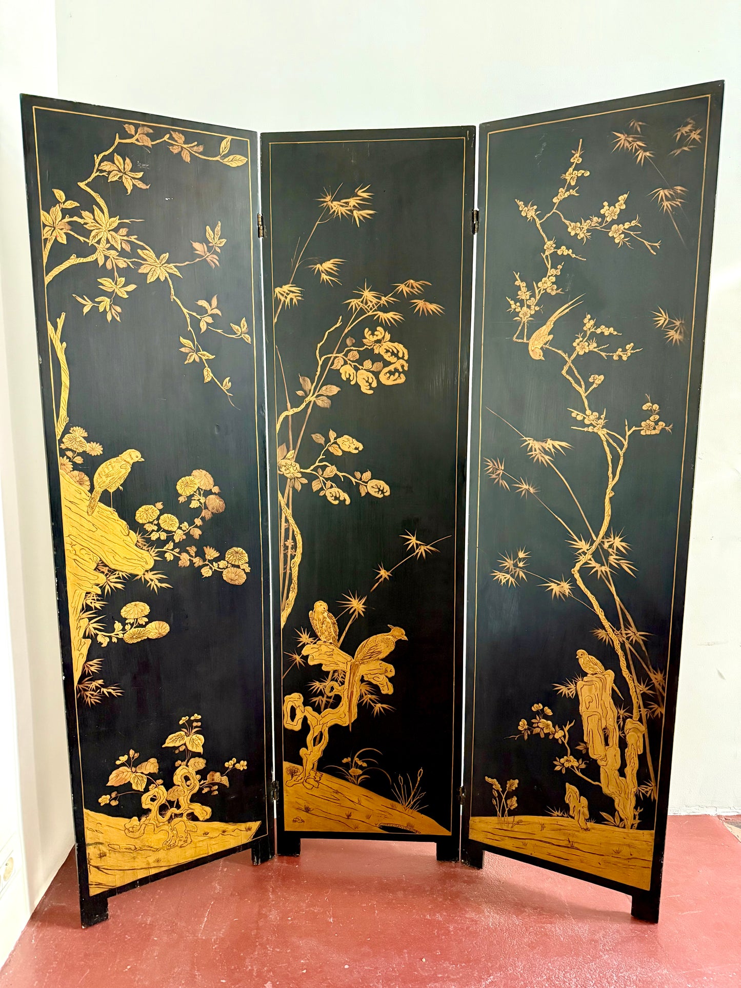 C19th Ebonised Two-Sided Chinoiserie Screen