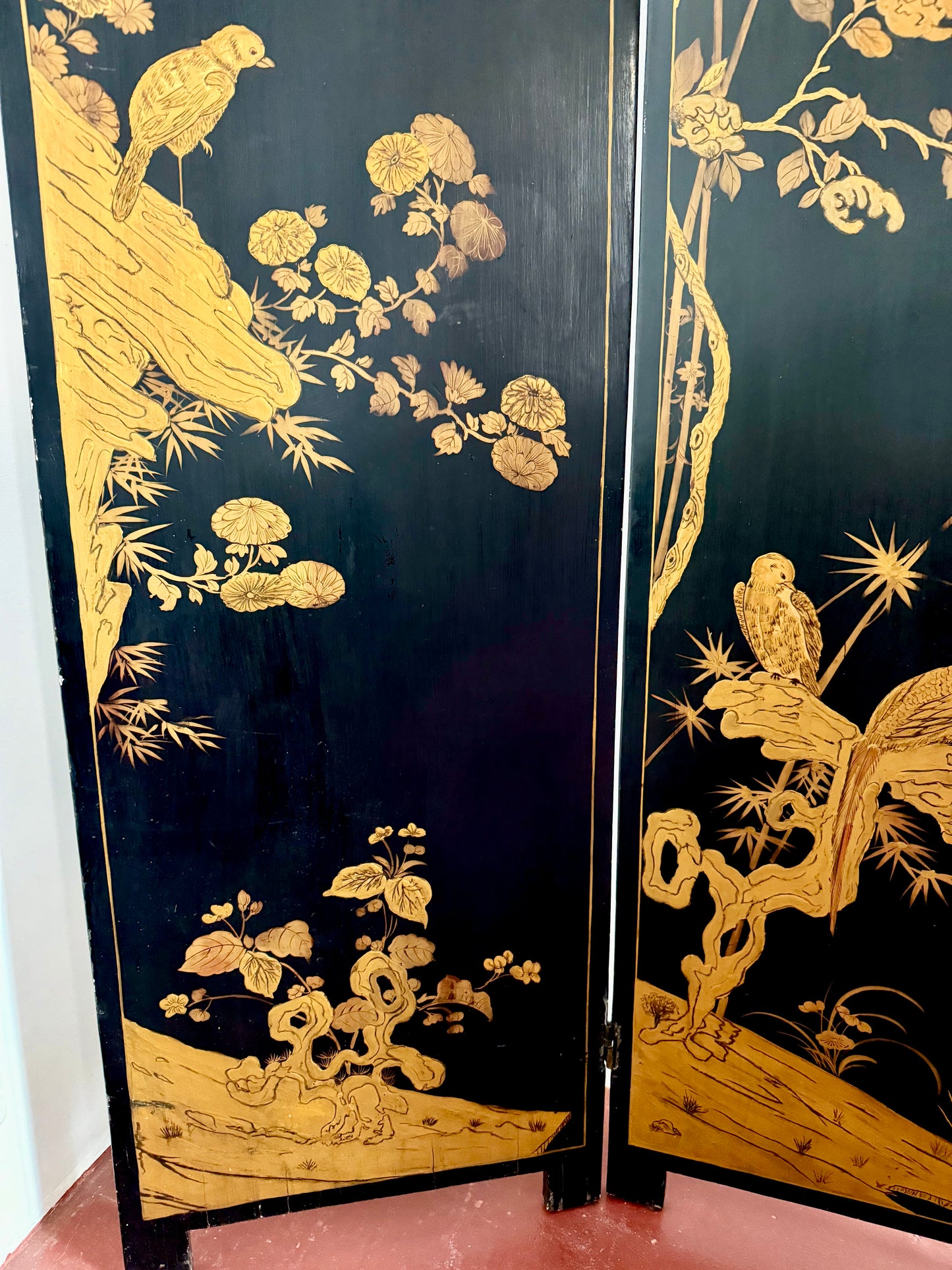 C19th Ebonised Two-Sided Chinoiserie Screen