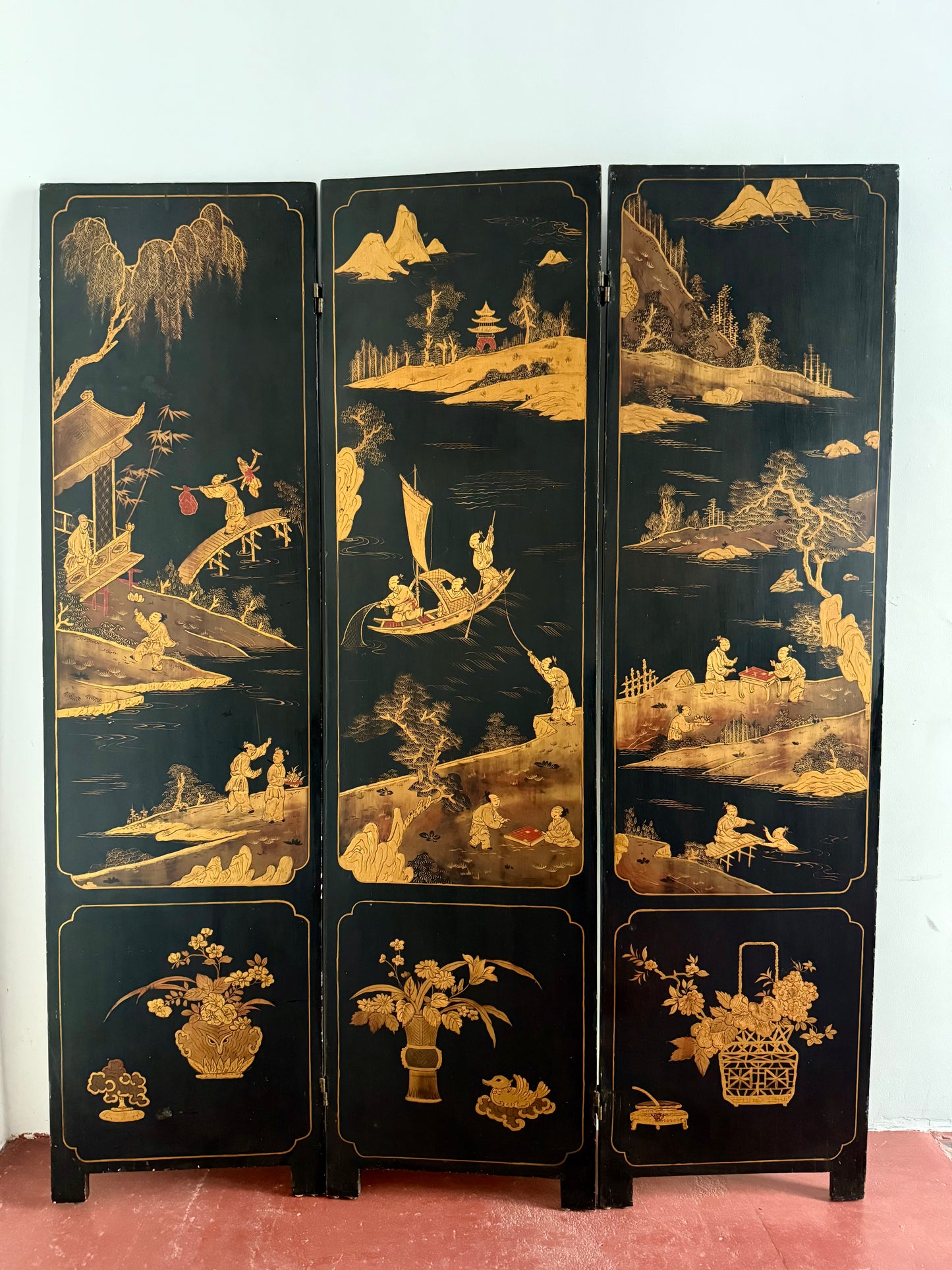 C19th Ebonised Two-Sided Chinoiserie Screen