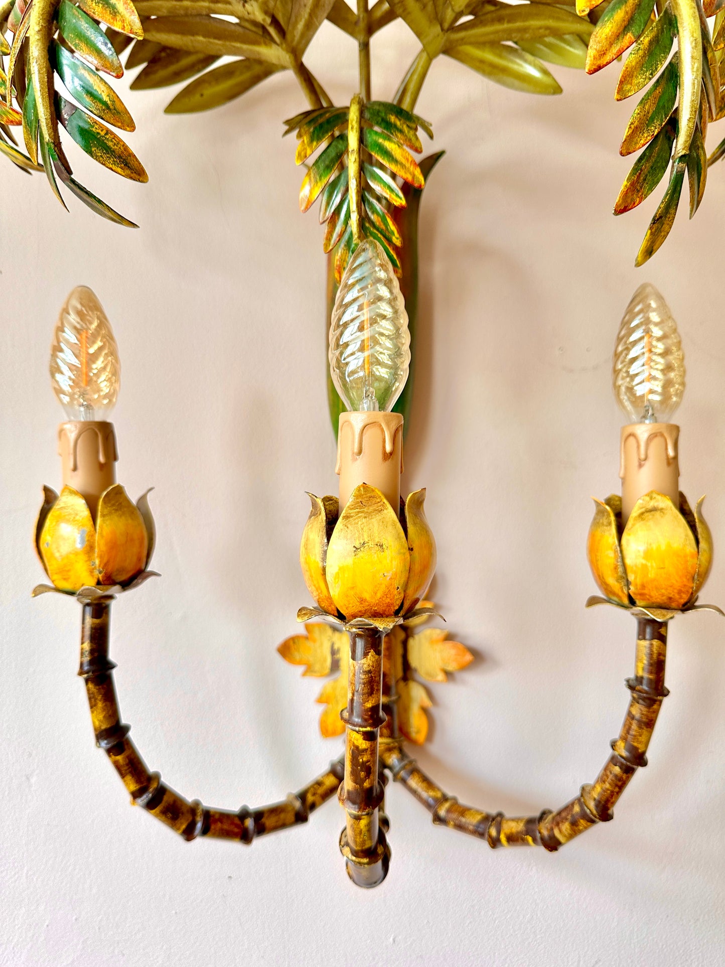 Pair Of Large 1940s French Bamboo Tole Lights