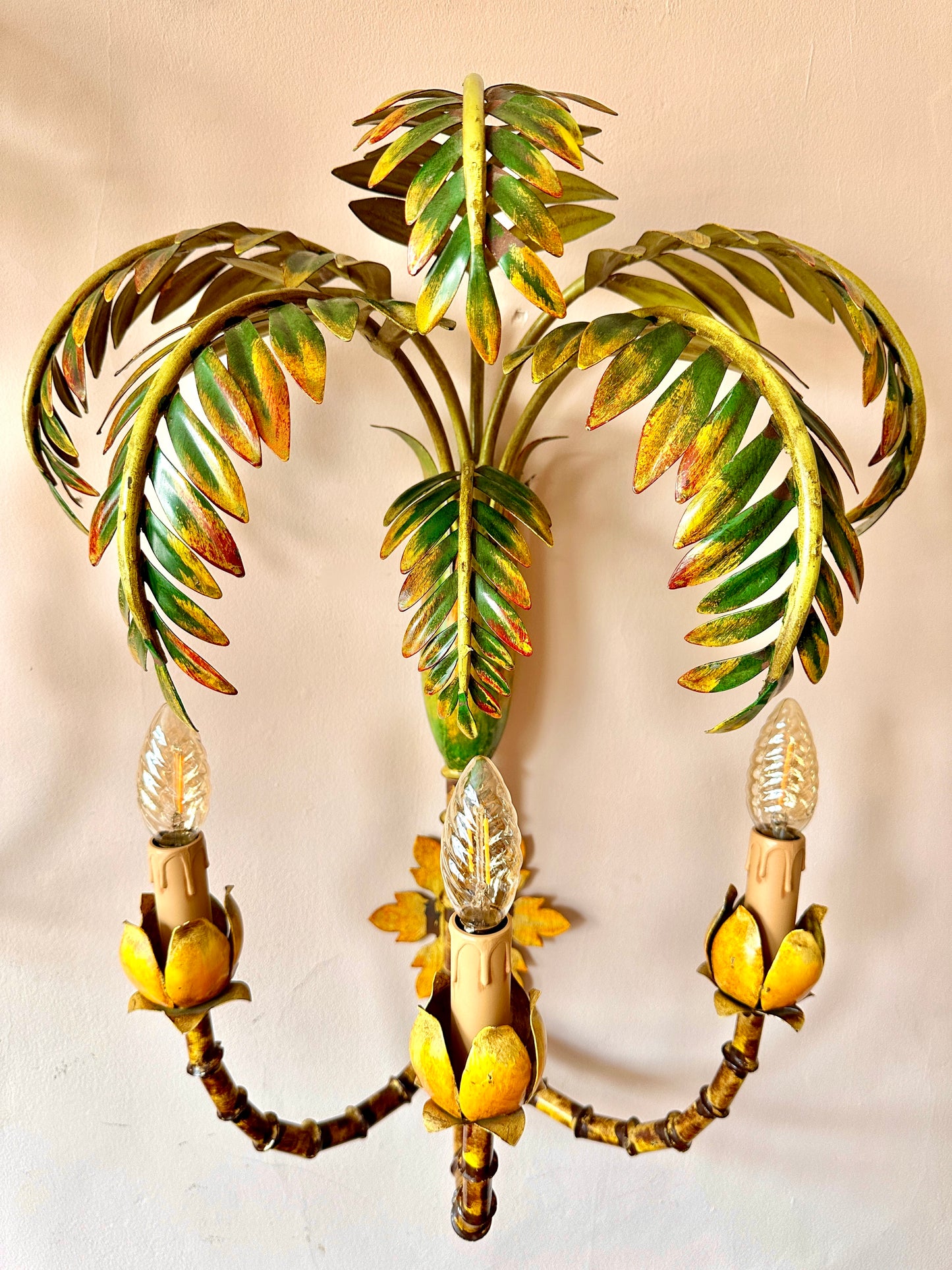 Pair Of Large 1940s French Bamboo Tole Lights