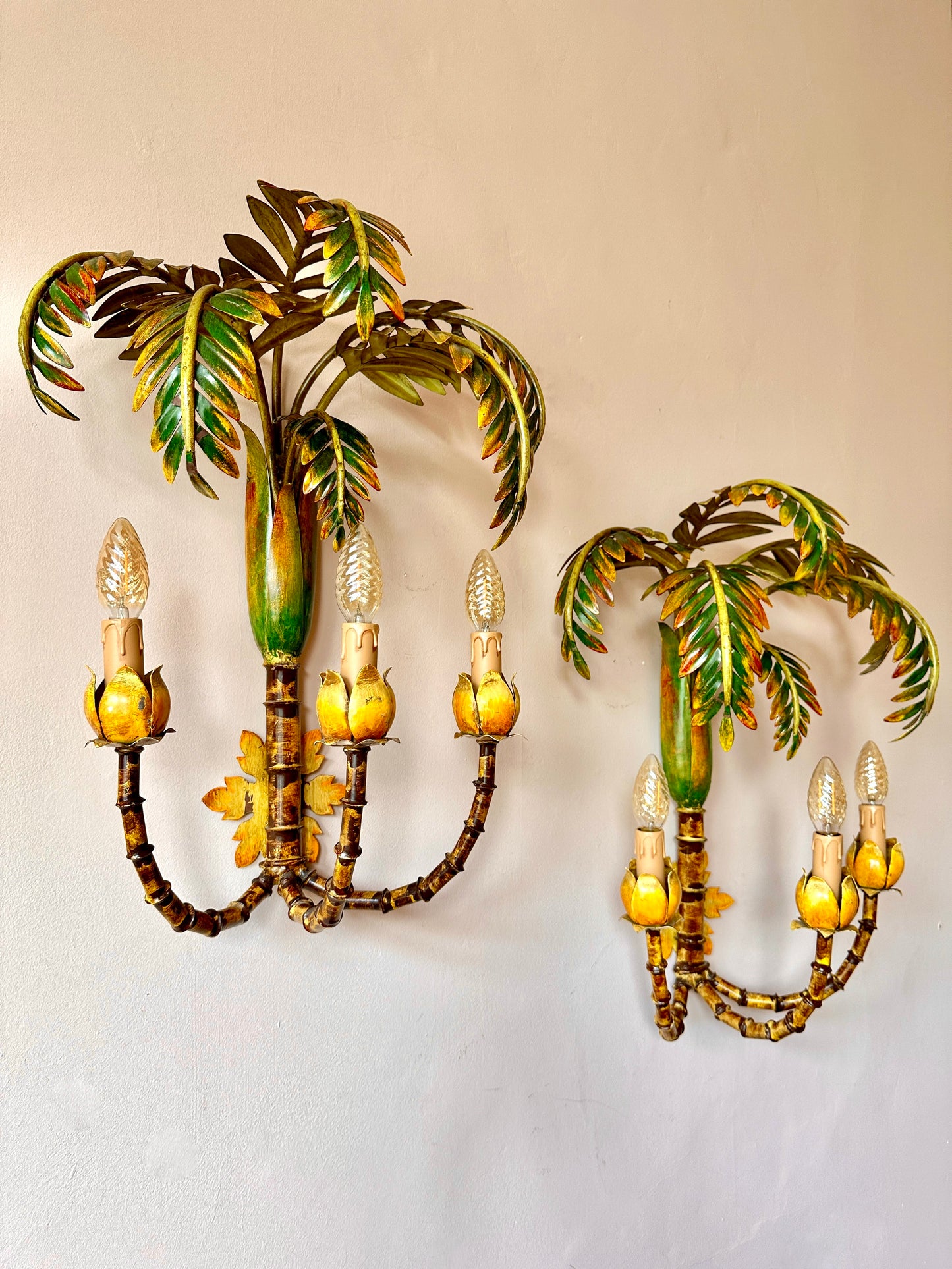 Pair Of Large 1940s French Bamboo Tole Lights