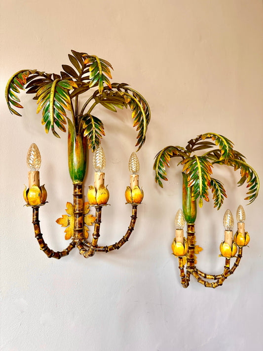 Pair Of Large 1940s French Bamboo Tole Lights