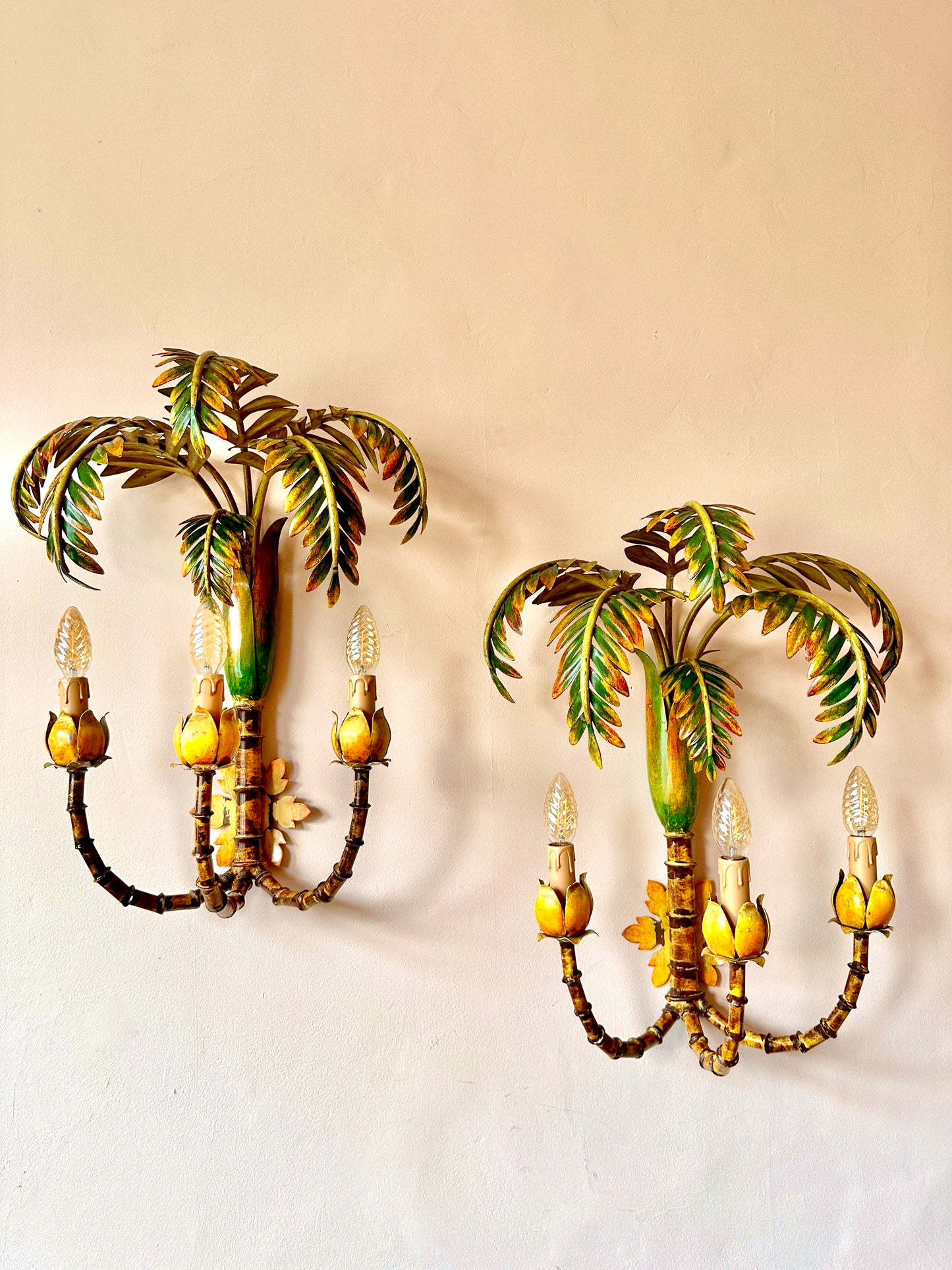 Pair Of Large 1940s French Bamboo Tole Lights