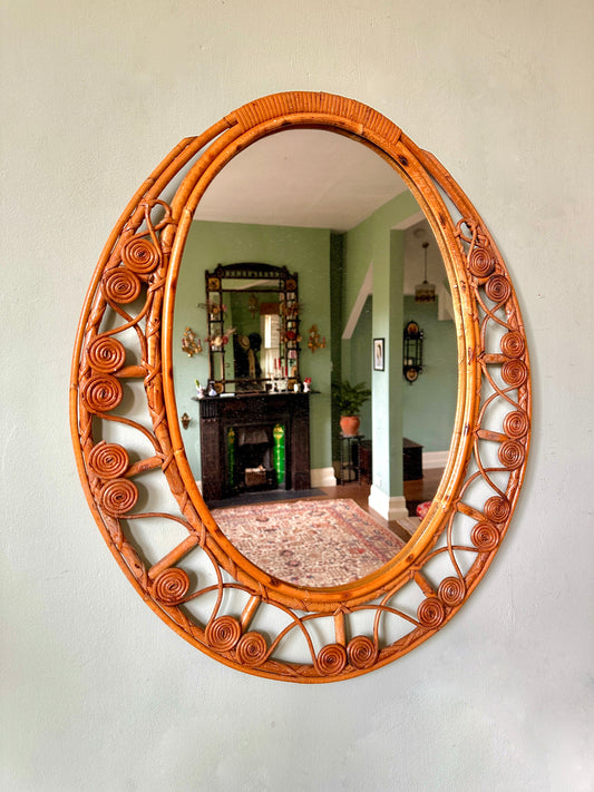 1960s French Rattan and Bamboo Mirror