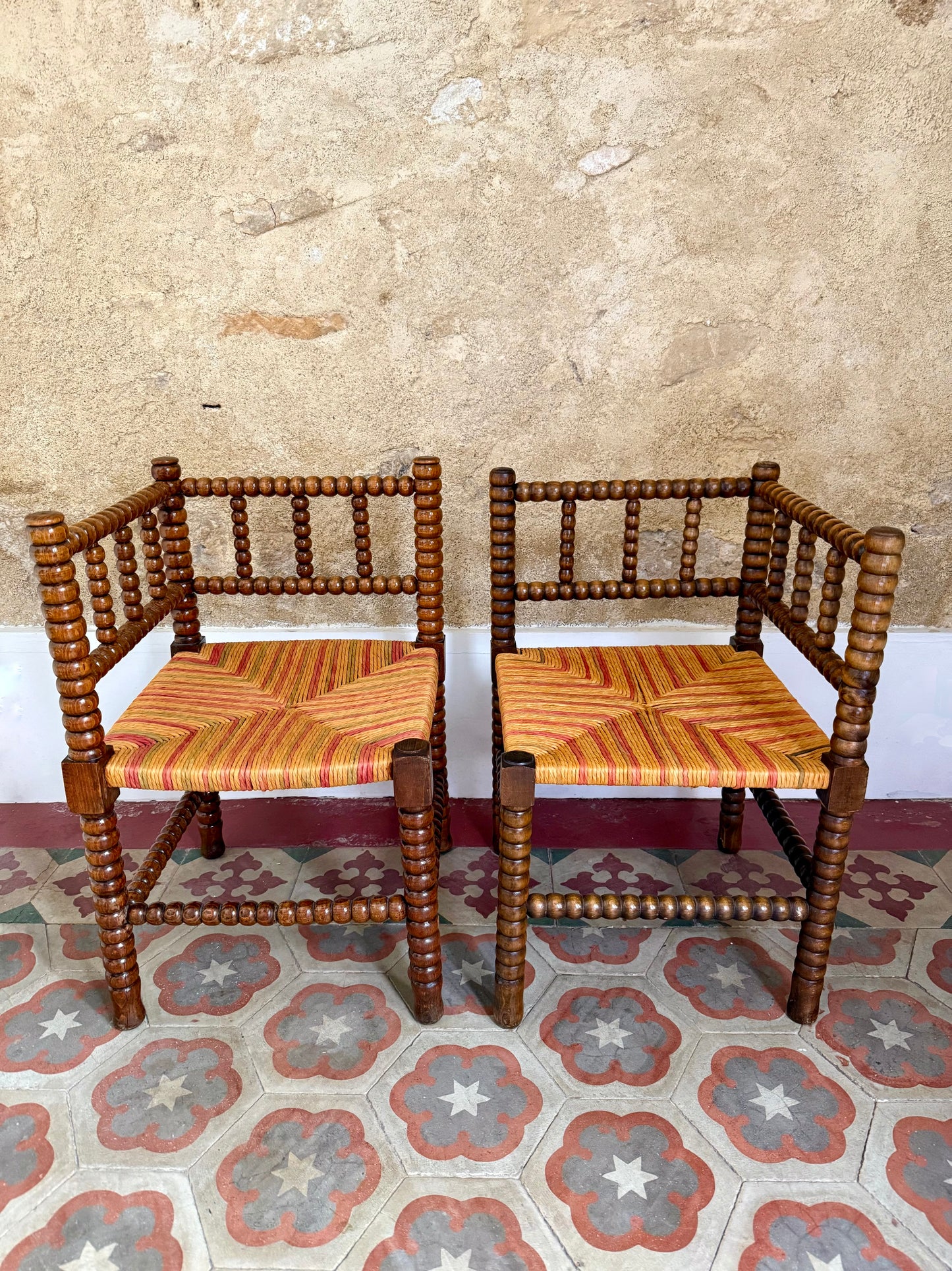 Pair Of Early C20th French Bobbin Corner Chairs