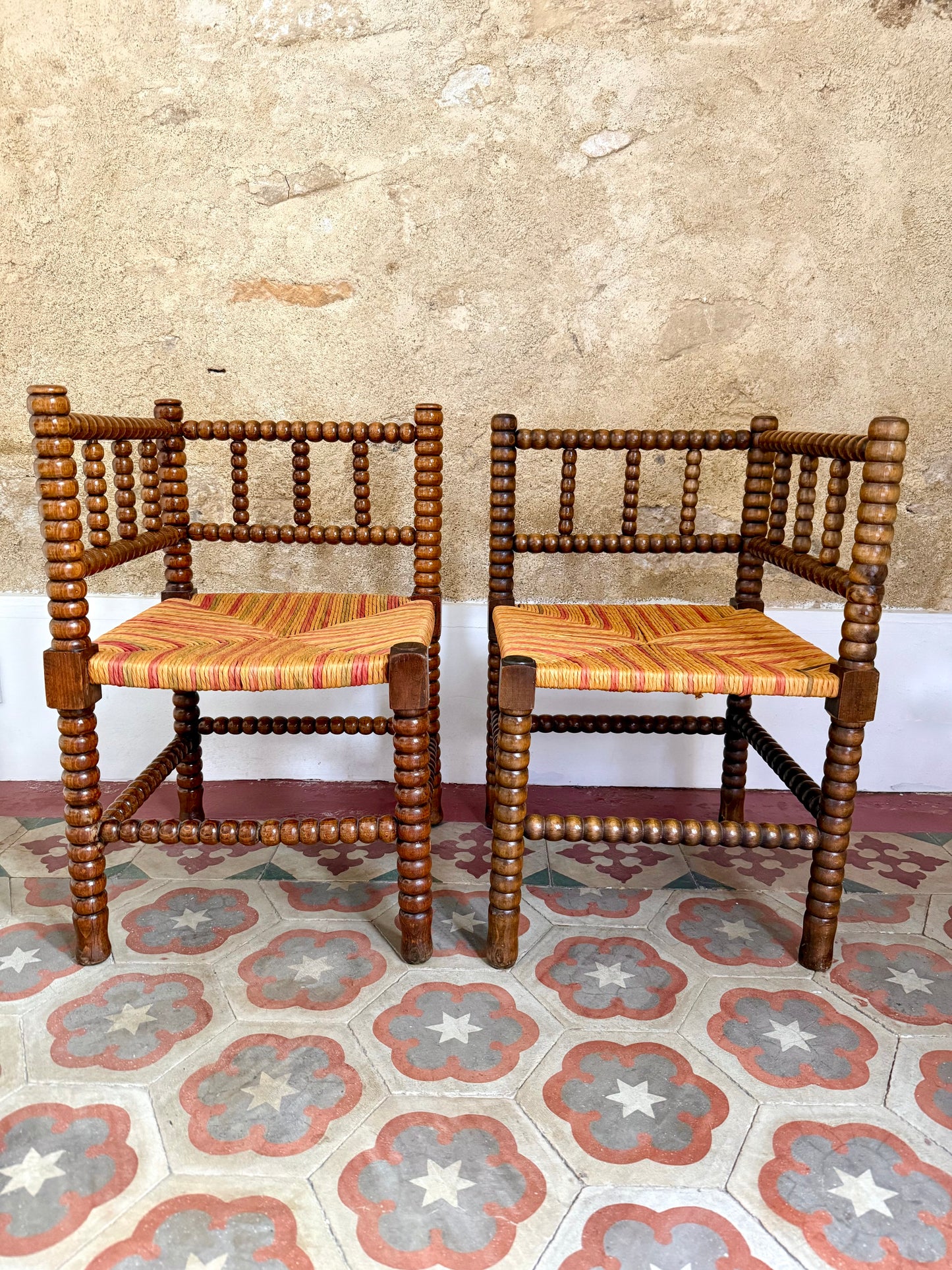 Pair Of Early C20th French Bobbin Corner Chairs