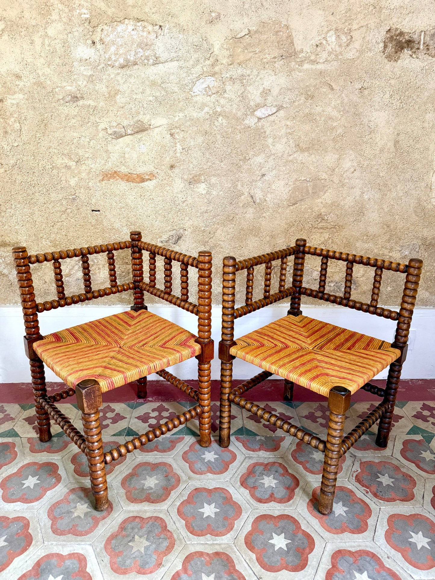Pair Of Early C20th French Bobbin Corner Chairs