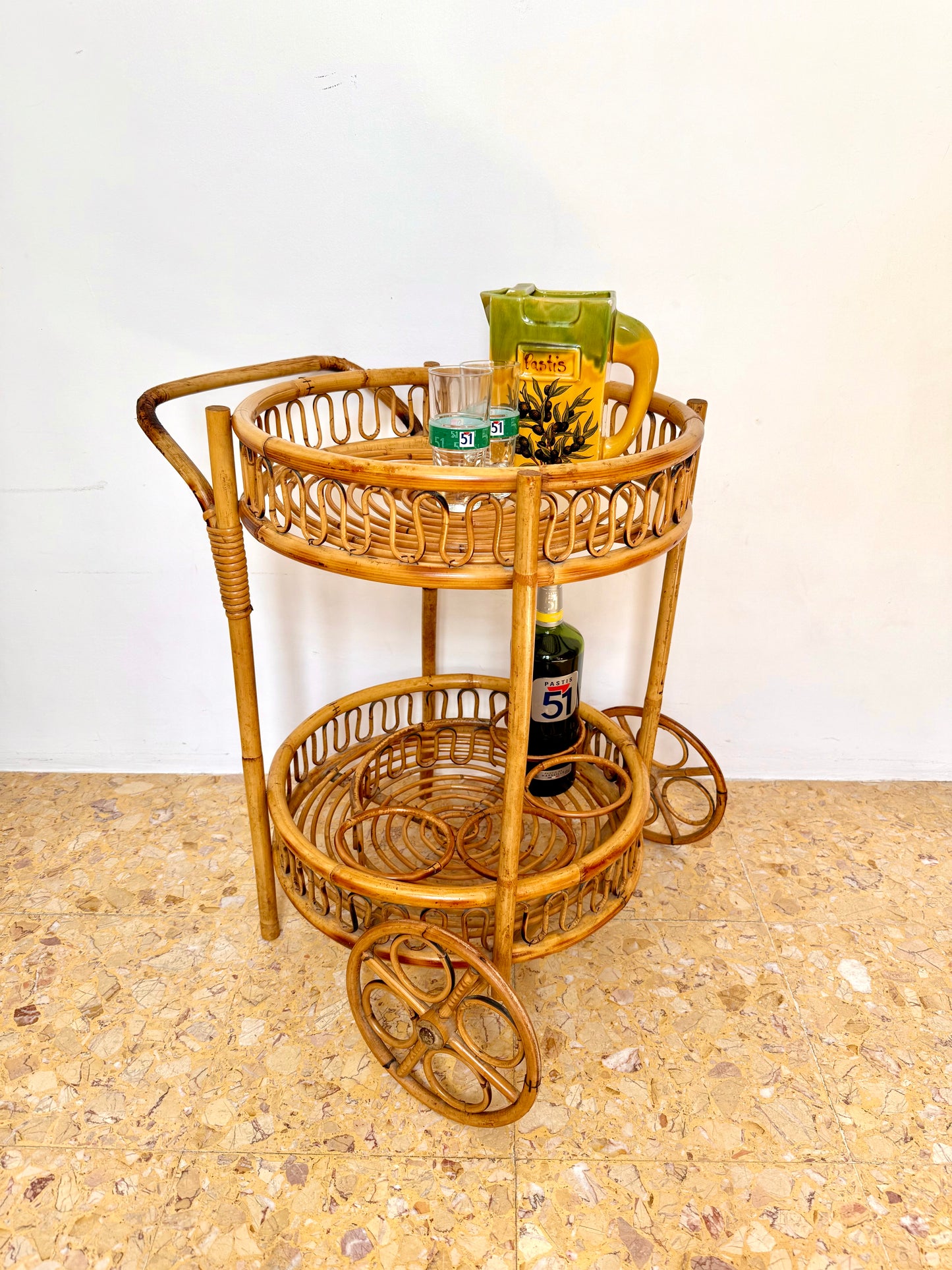 1960s French Bamboo & Rattan Drinks Trolley