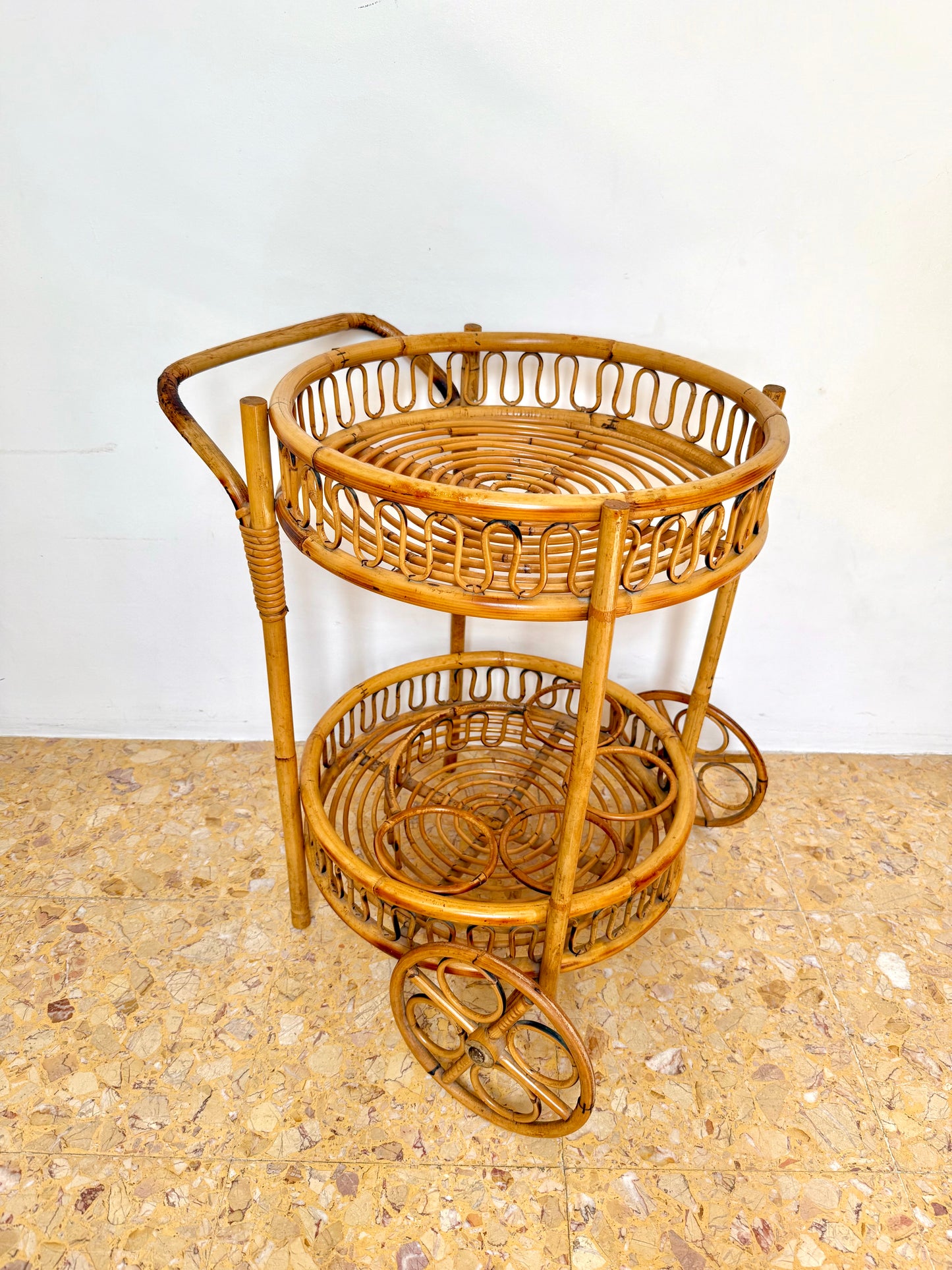 1960s French Bamboo & Rattan Drinks Trolley