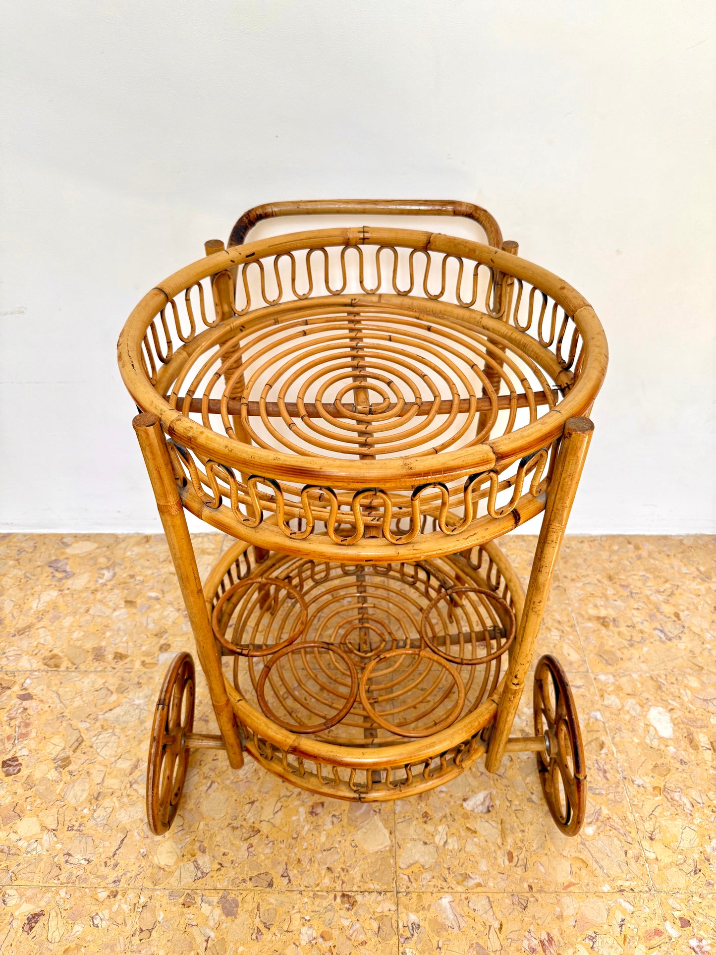 1960s French Bamboo & Rattan Drinks Trolley