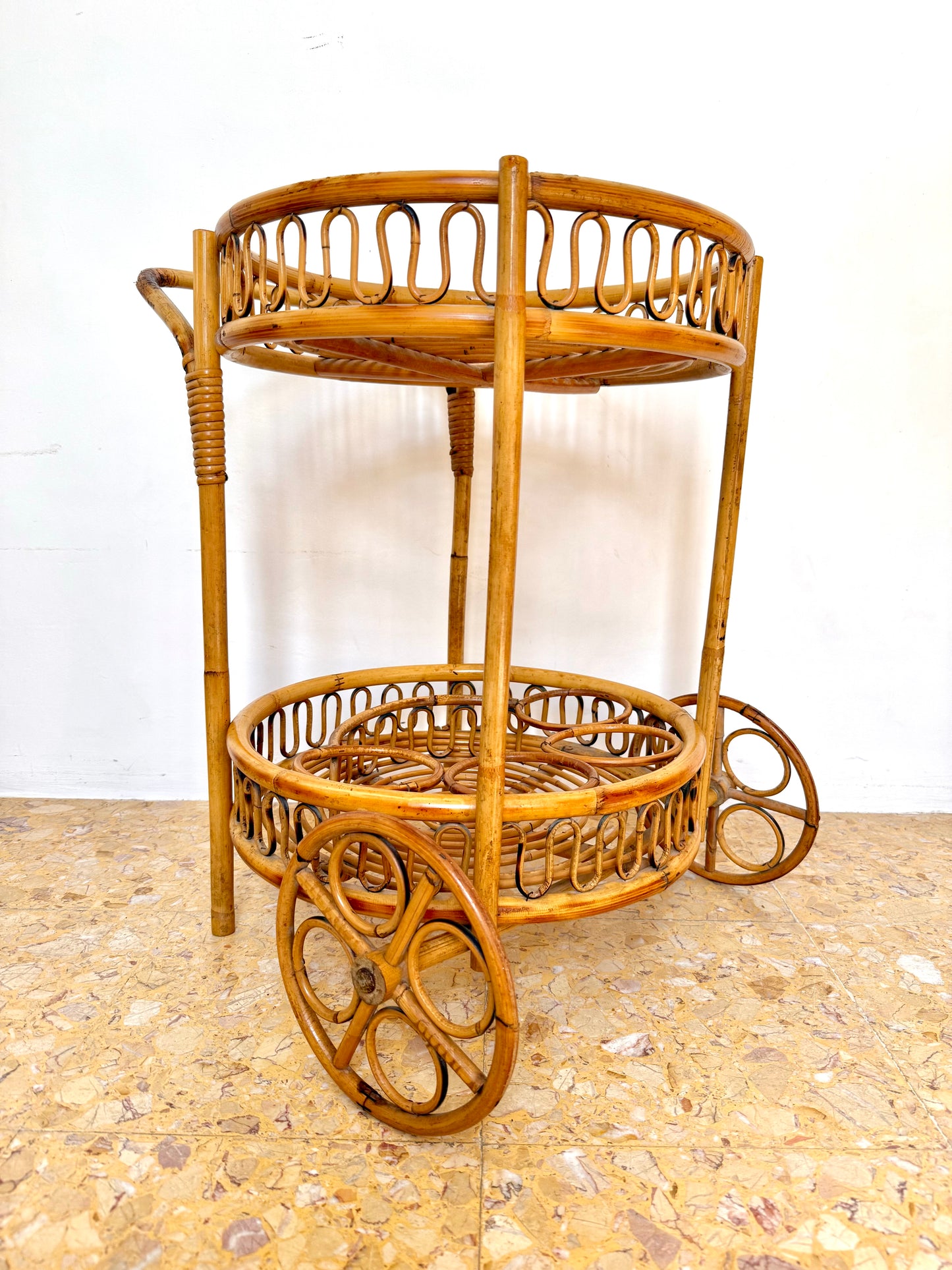 1960s French Bamboo & Rattan Drinks Trolley