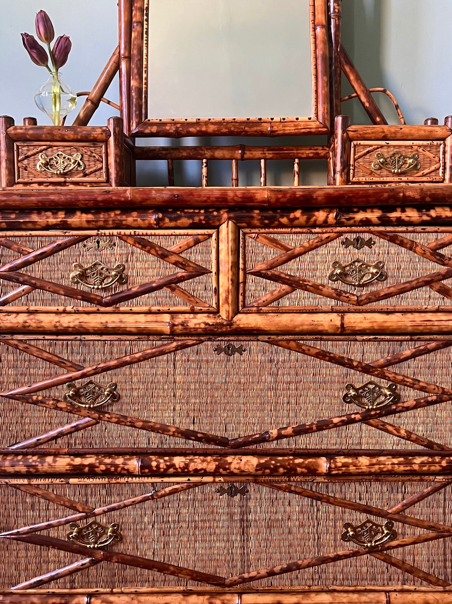 Large Victorian Tiger Bamboo And Woven Grass Chest Of Drawers & Mirror