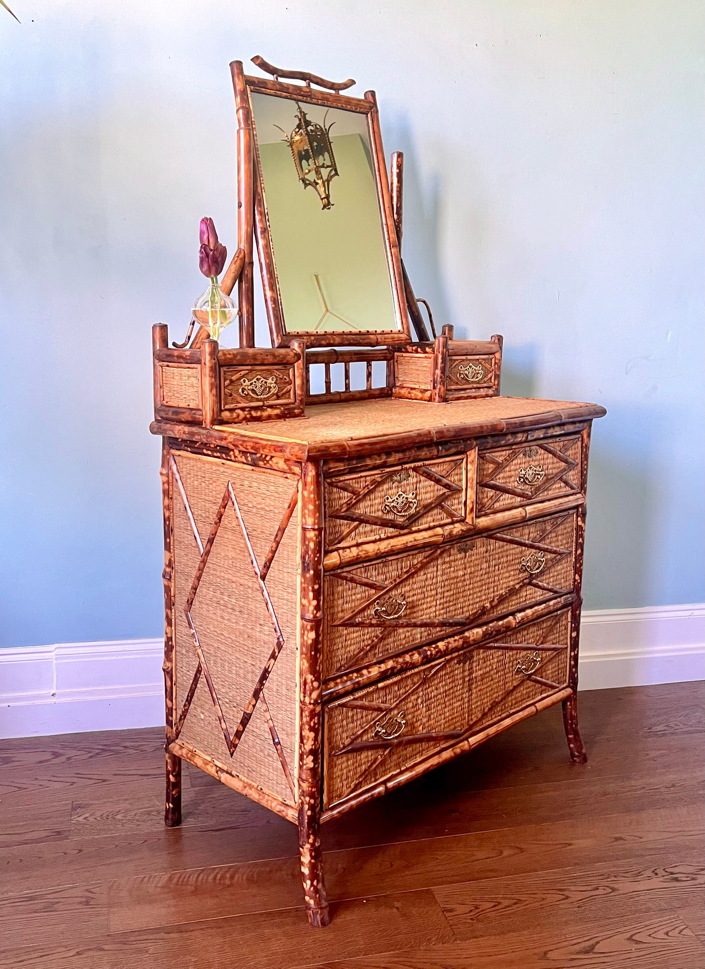 Large Victorian Tiger Bamboo And Woven Grass Chest Of Drawers & Mirror