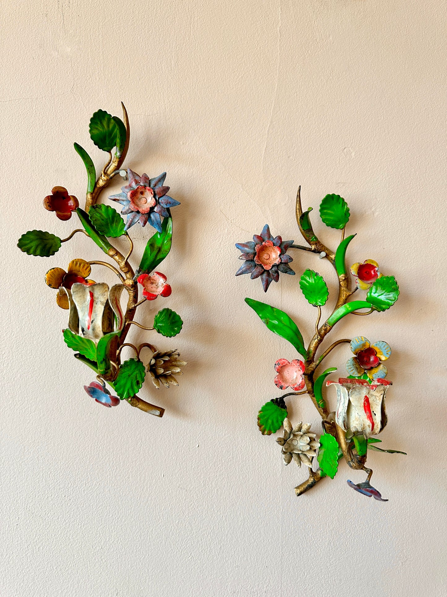 Pair of 1940s Italian Tole Flower Candle Sconces