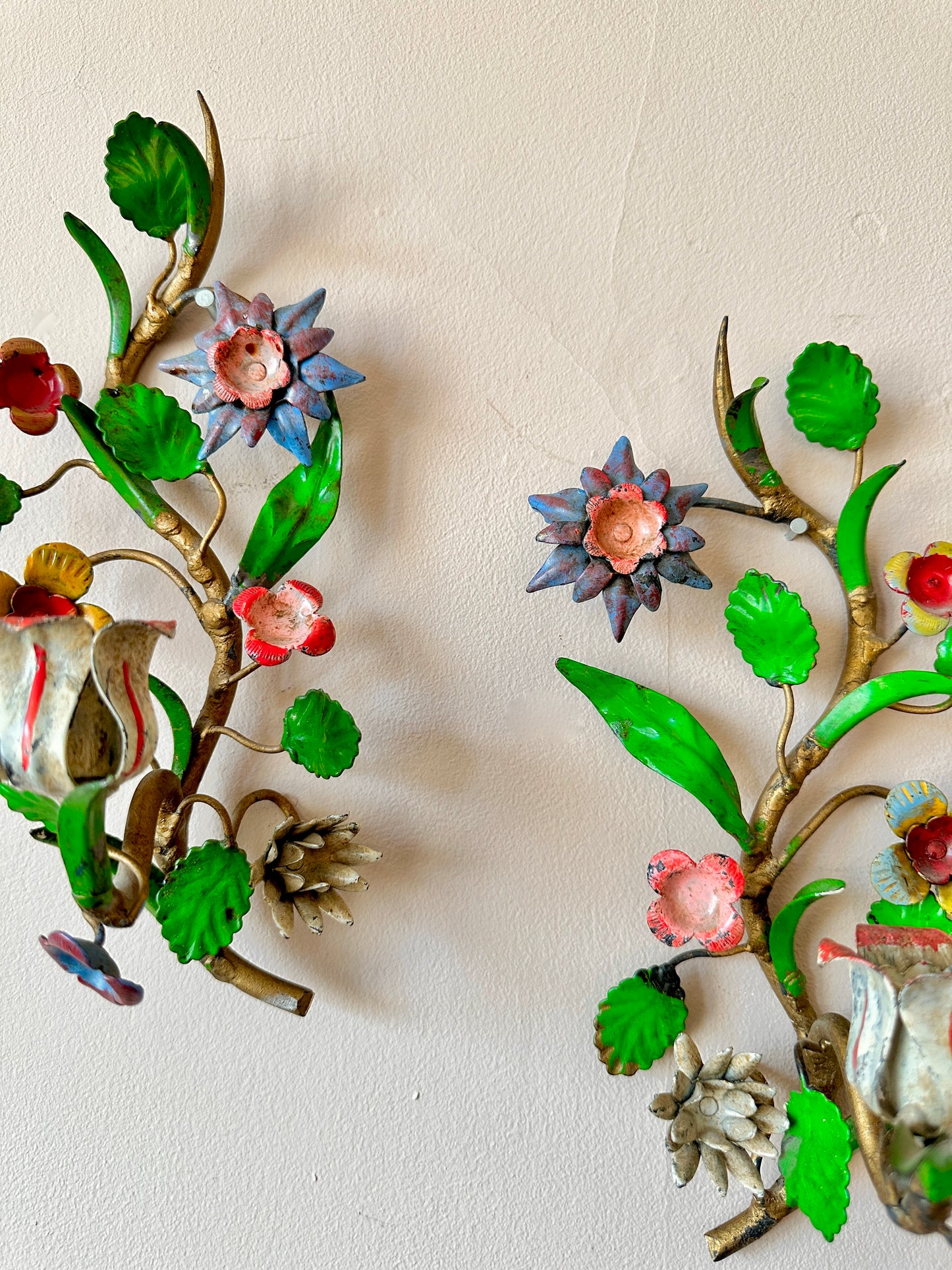 Pair of 1940s Italian Tole Flower Candle Sconces