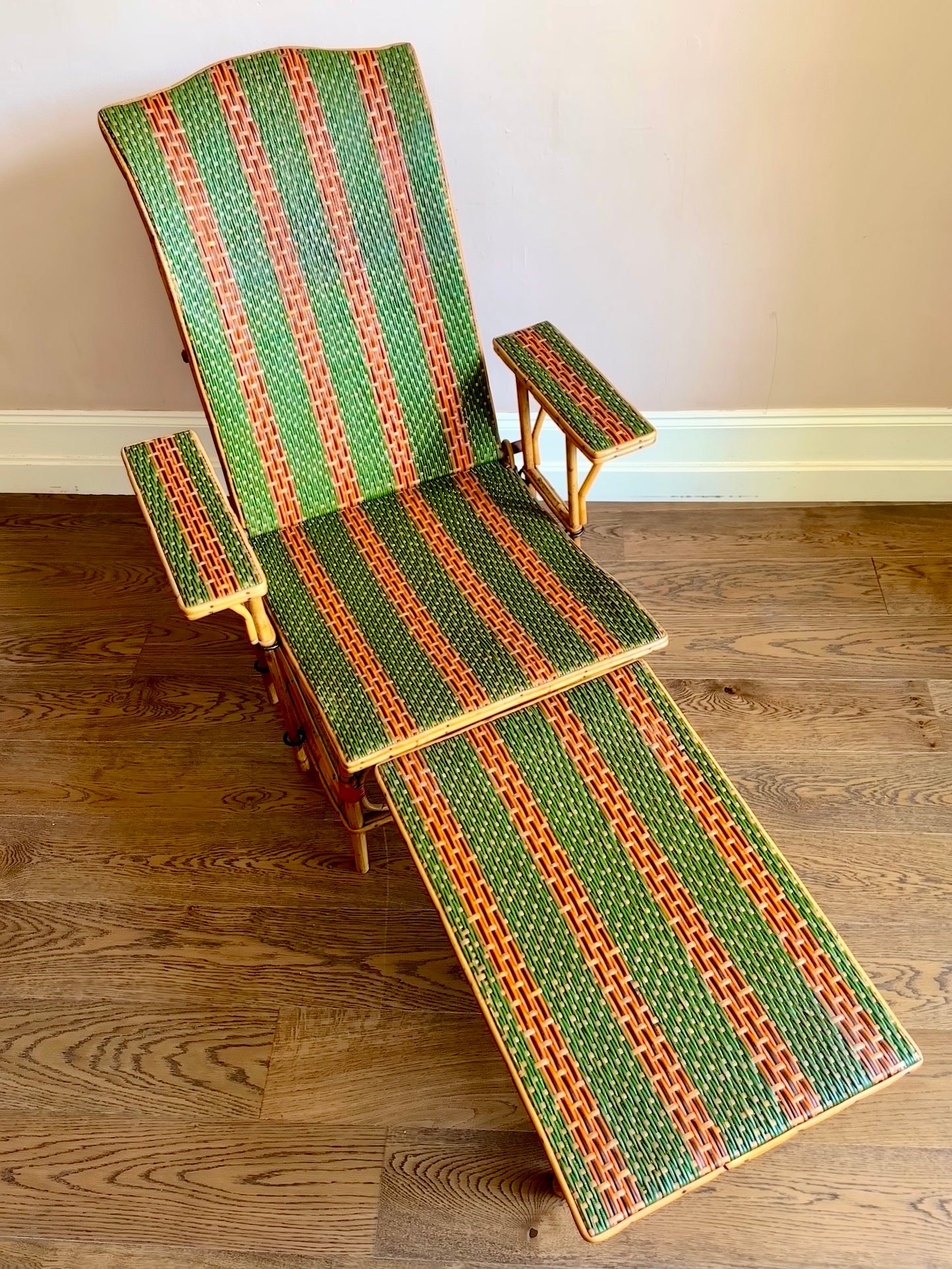 Early C20th French Bamboo & Rattan Chaise Longue.