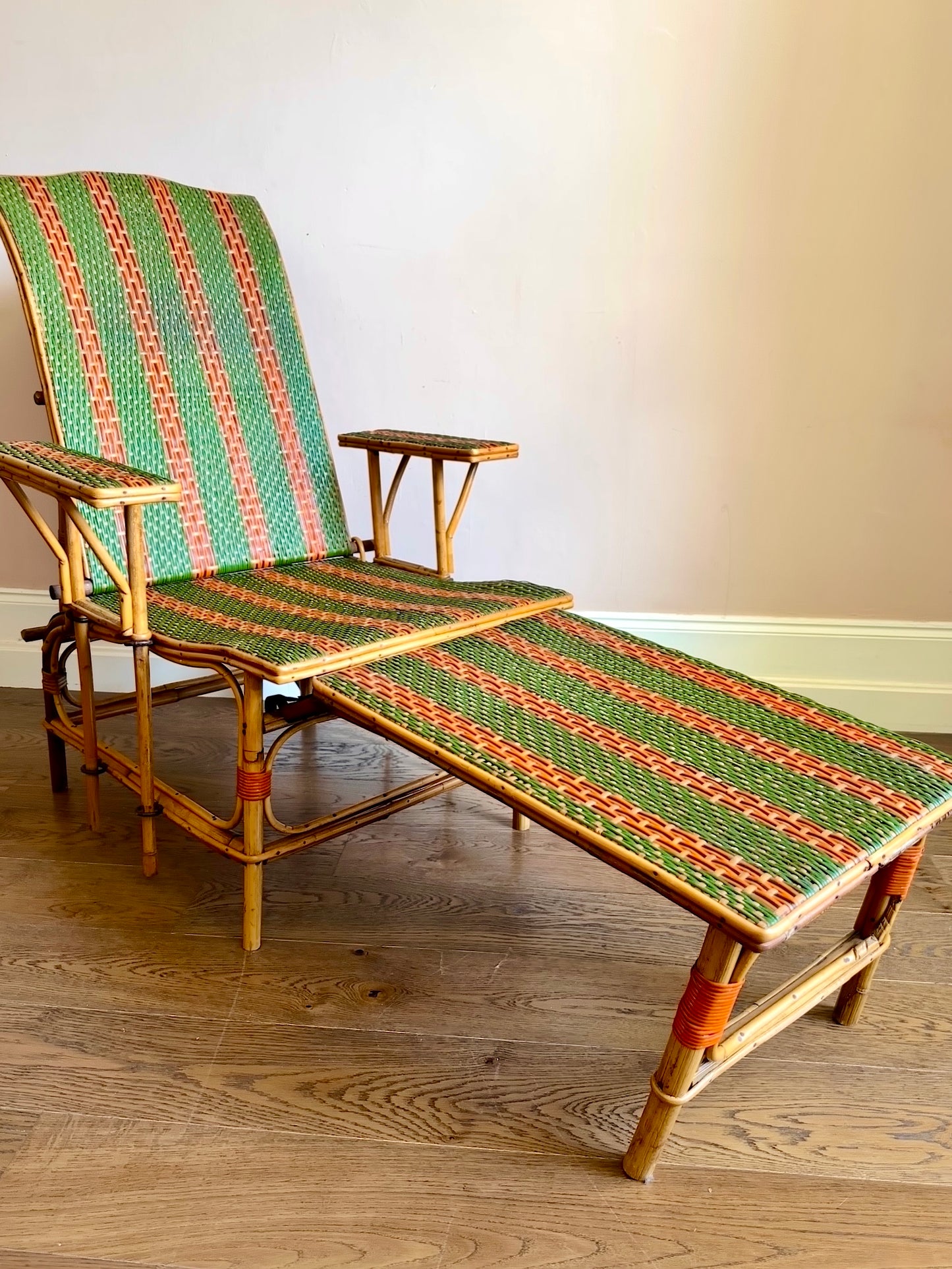 Early C20th French Bamboo & Rattan Chaise Longue.