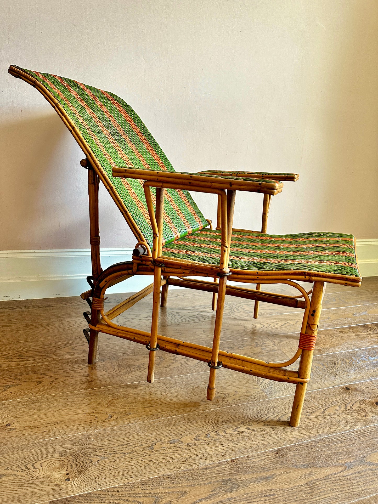 Early C20th French Bamboo & Rattan Chaise Longue.