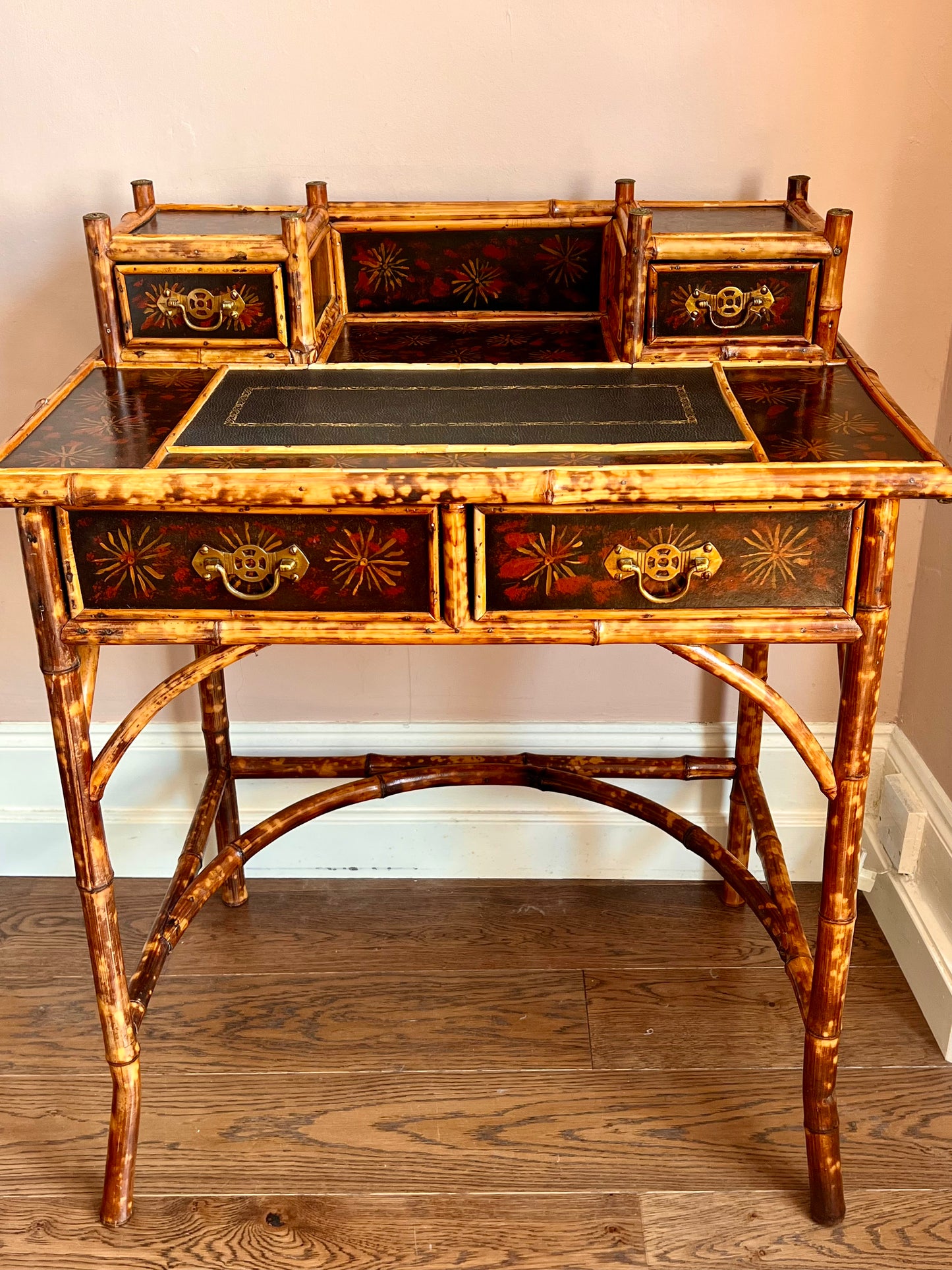 Victorian Lacquered Tiger Bamboo Writing Desk or Dressing Table