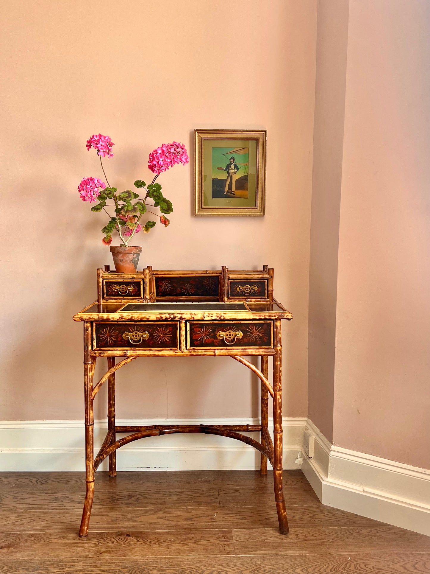 Victorian Lacquered Tiger Bamboo Writing Desk or Dressing Table