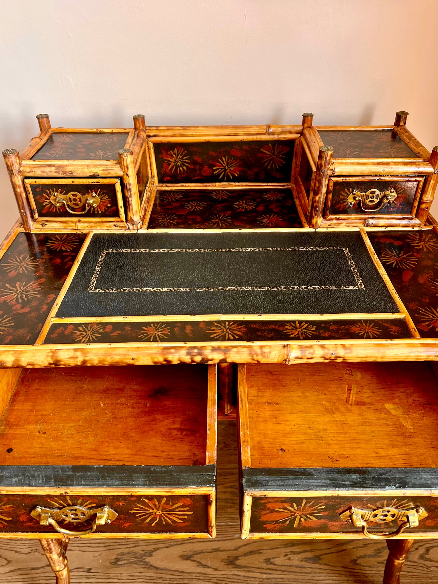 Victorian Lacquered Tiger Bamboo Writing Desk or Dressing Table