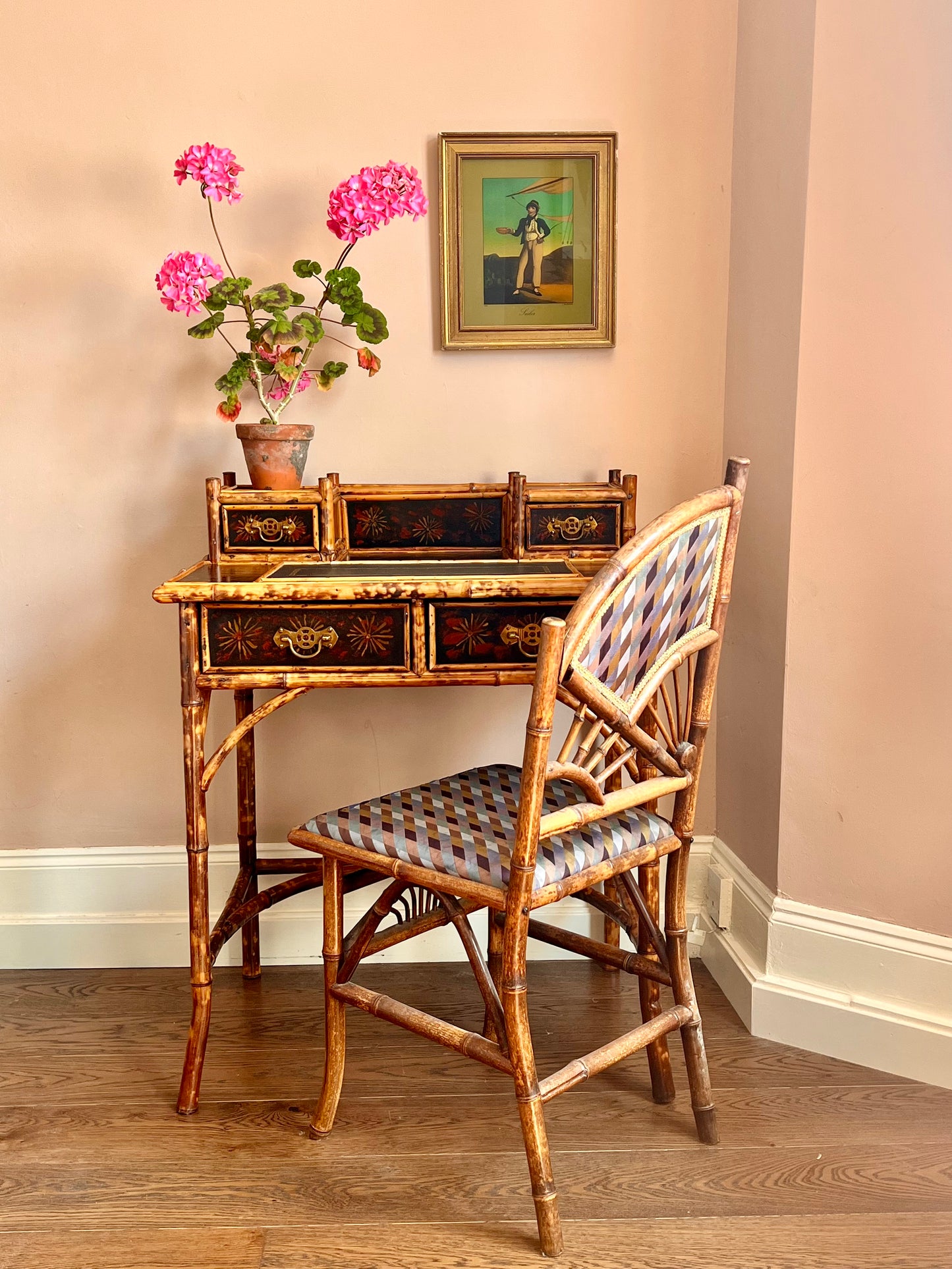 Victorian Lacquered Tiger Bamboo Writing Desk or Dressing Table