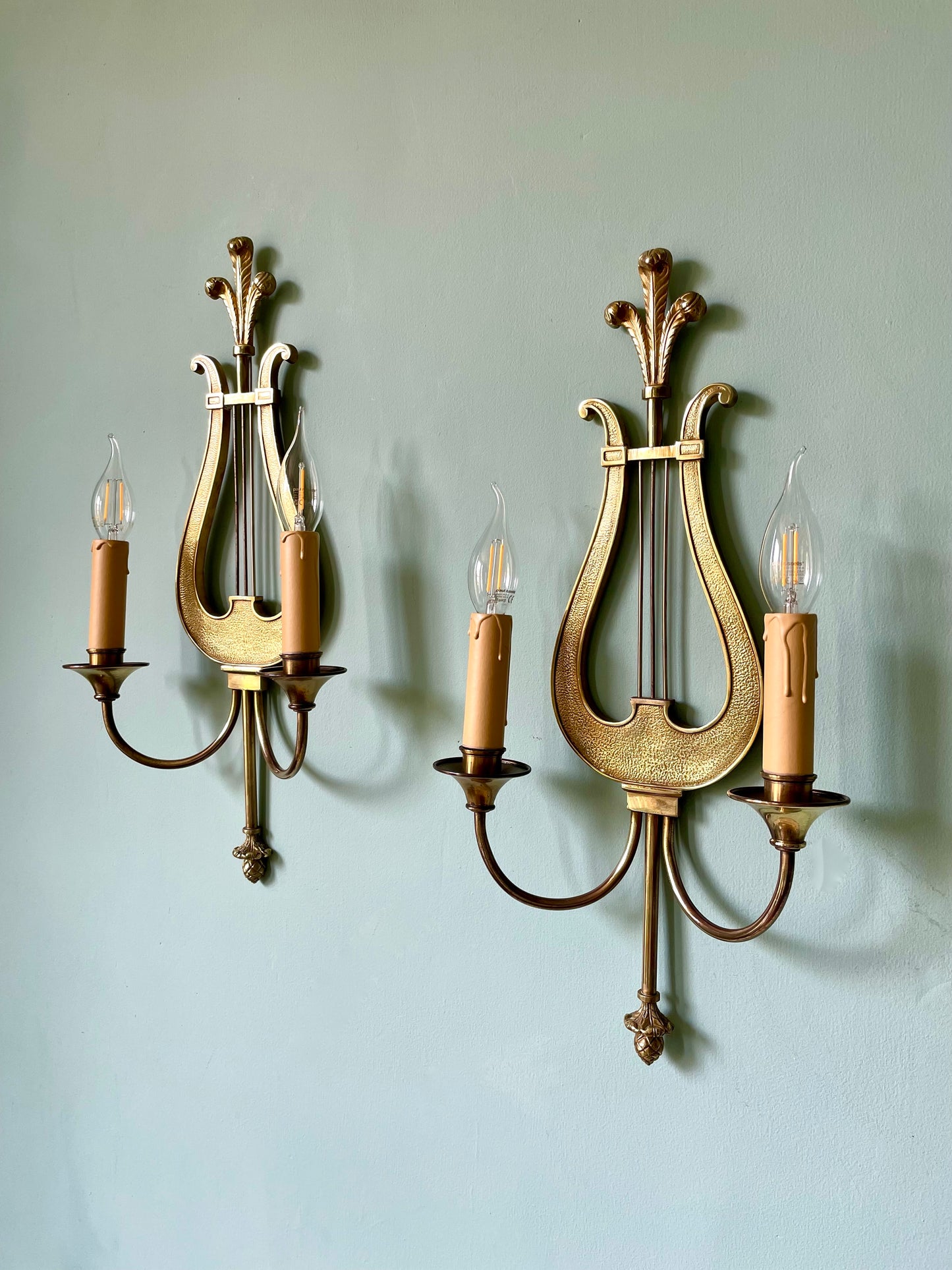 1950s Maison Charles (Stamped & Numbered) Brass Lyre Wall Lights