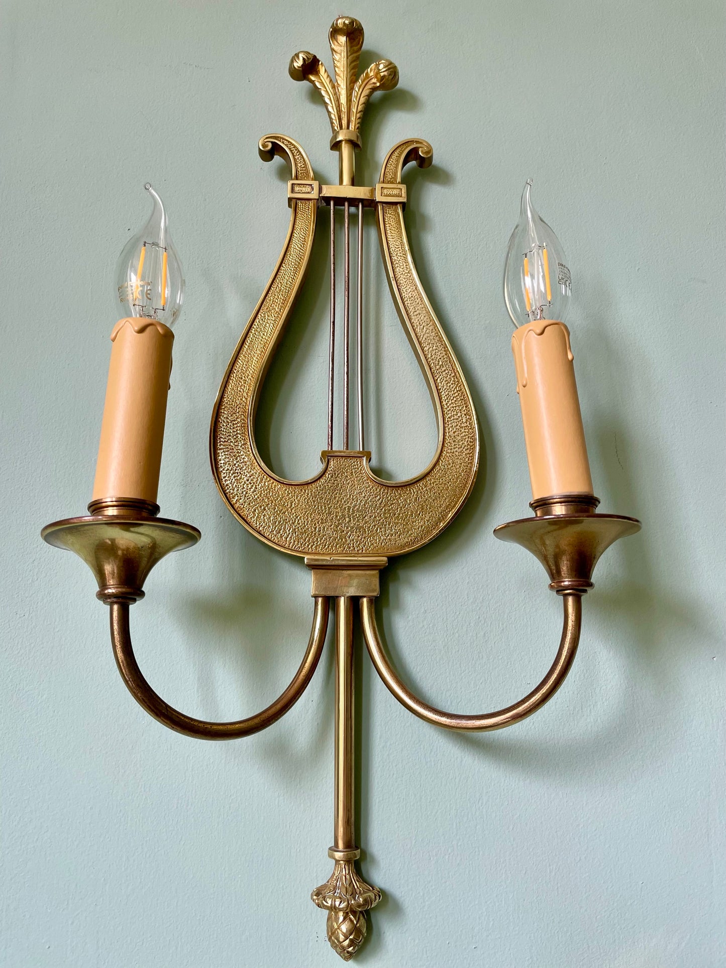 1950s Maison Charles (Stamped & Numbered) Brass Lyre Wall Lights
