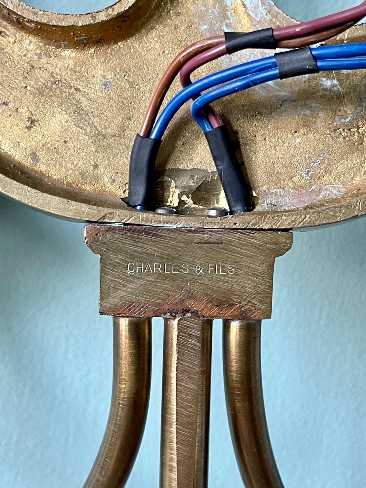 1950s Maison Charles (Stamped & Numbered) Brass Lyre Wall Lights