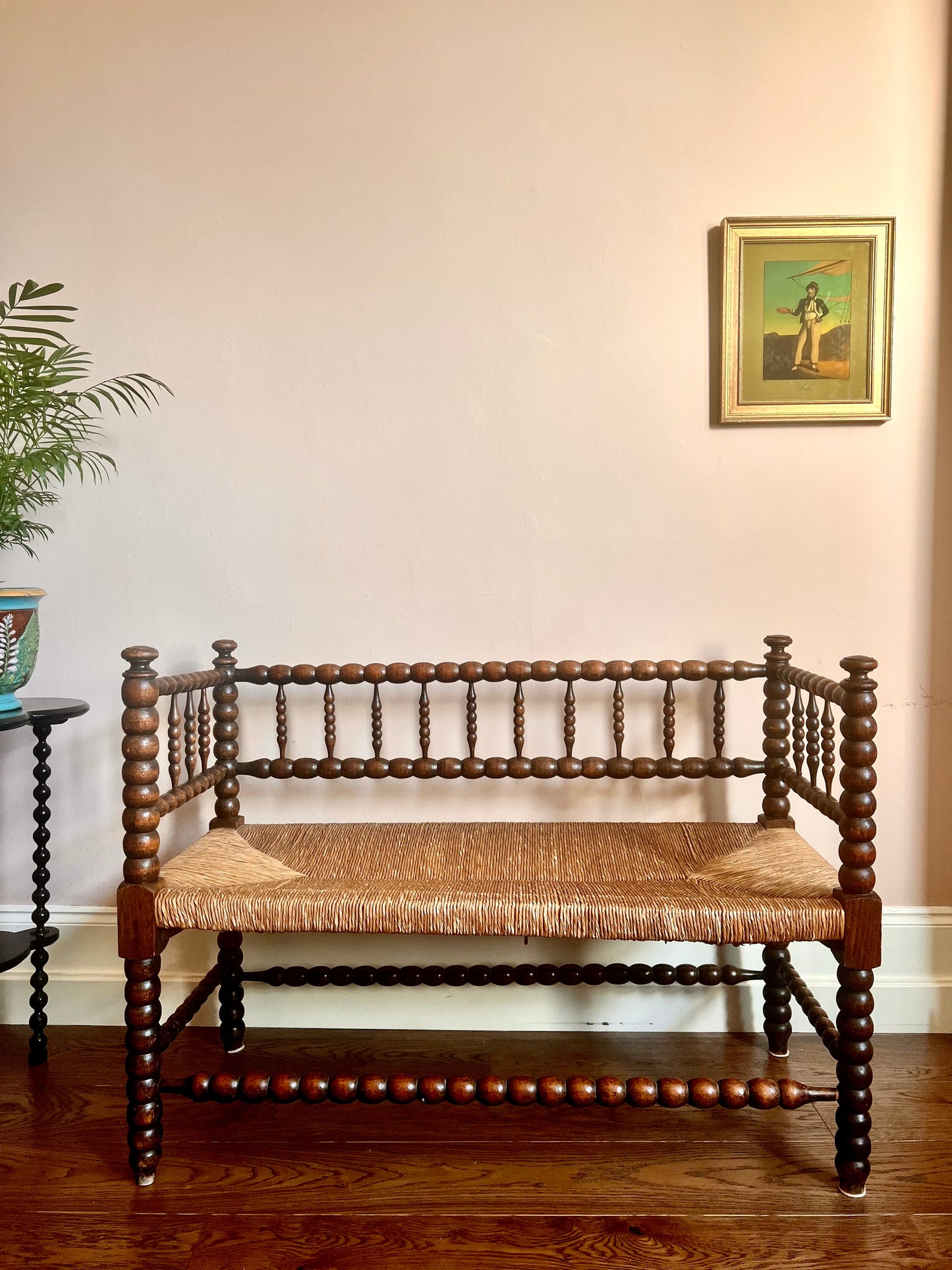 C19th French Bobbin Rush Seat Bench