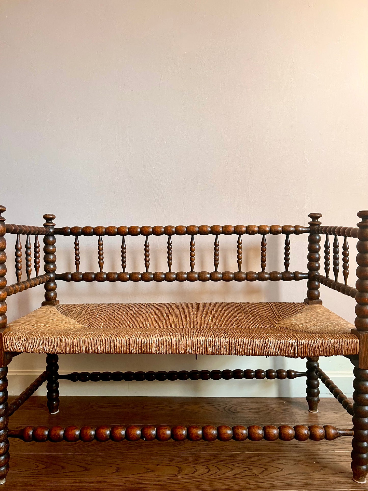 C19th French Bobbin Rush Seat Bench