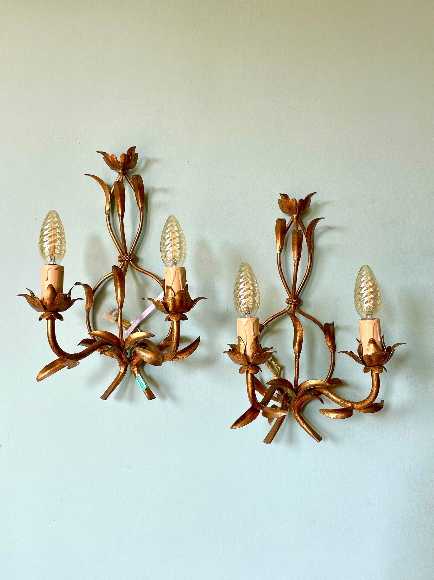 Pair of 1940s French Gilt Tole Wall Lights