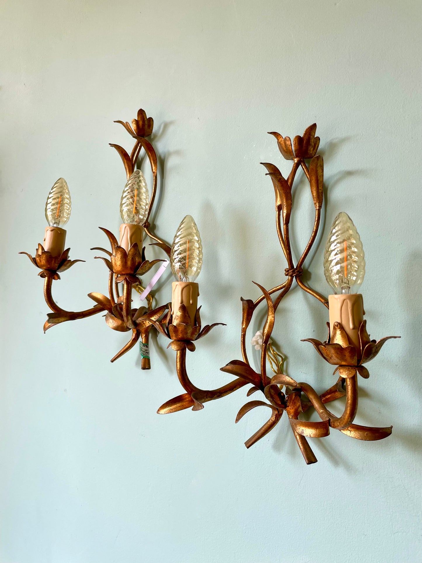 Pair of 1940s French Gilt Tole Wall Lights